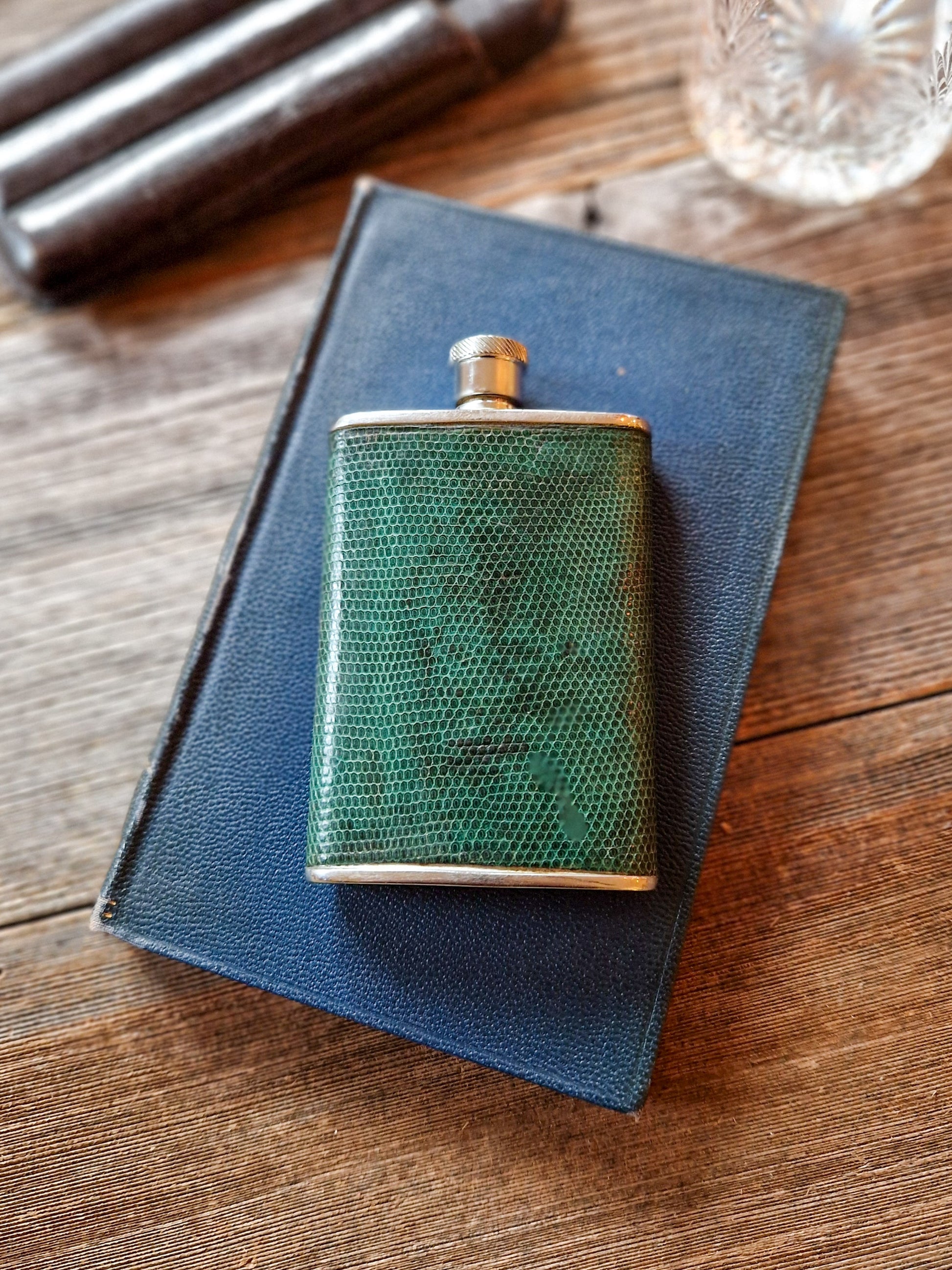 P. H. Vogel Shagreen Hip Flask | 4-inch Mid-Century English Pocket Flask in Green Sharkskin