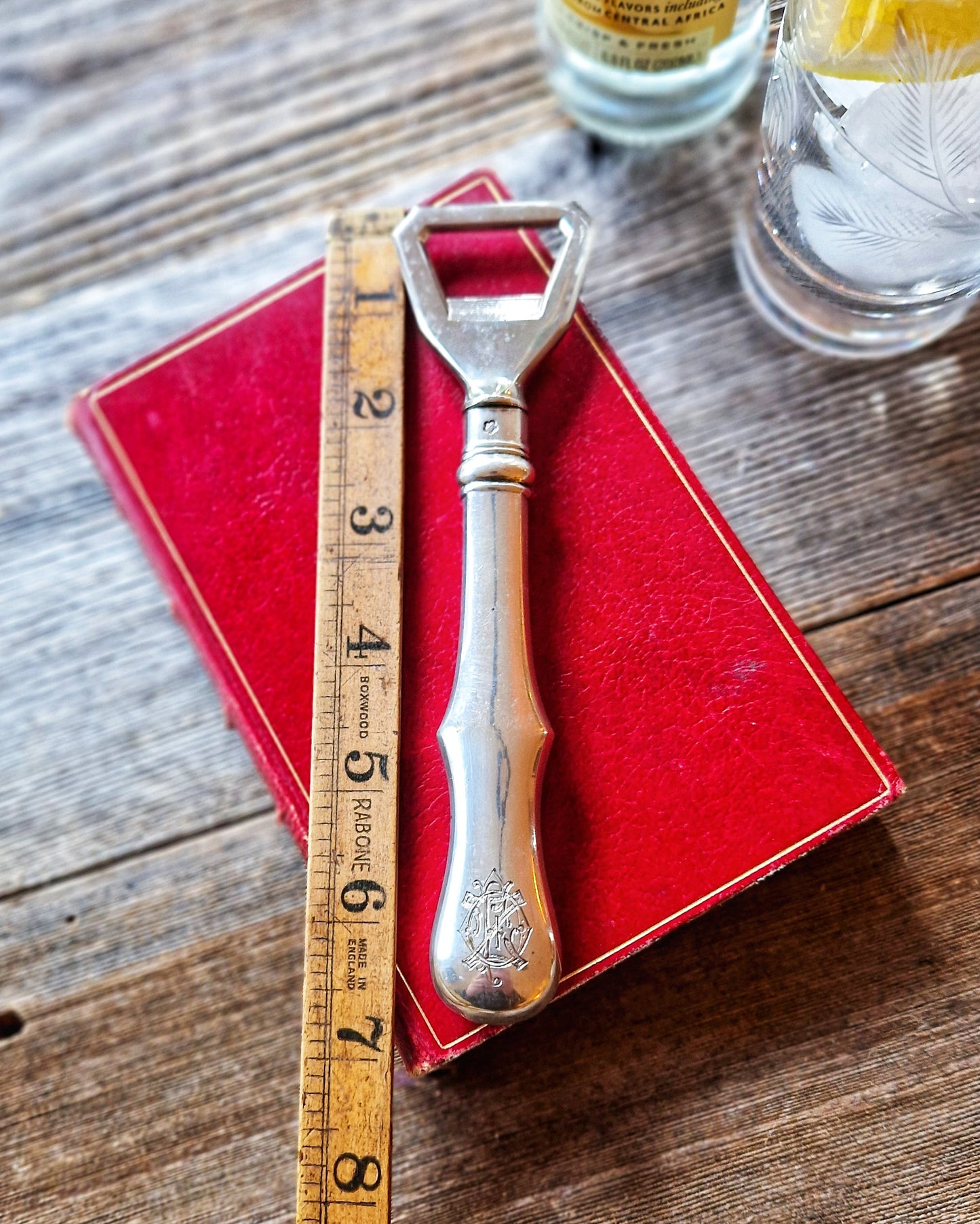 Mid-Century English Silverplate Bottle Opener | Monogrammed Bar Tool c. 1950–1970
