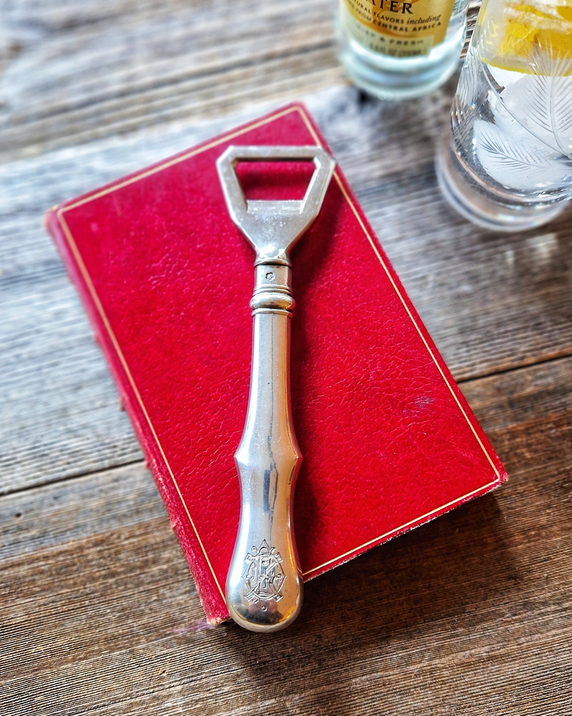 Mid-Century English Silverplate Bottle Opener | Monogrammed Bar Tool c. 1950–1970