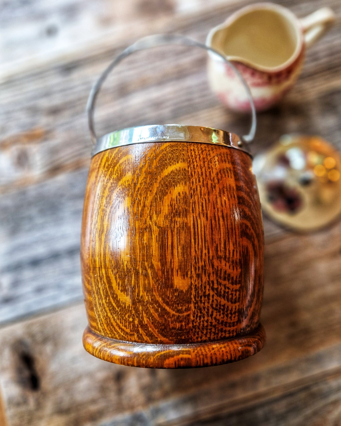 Vintage English Oak Biscuit Barrel | Mid-Century Stoneware-Lined Jar