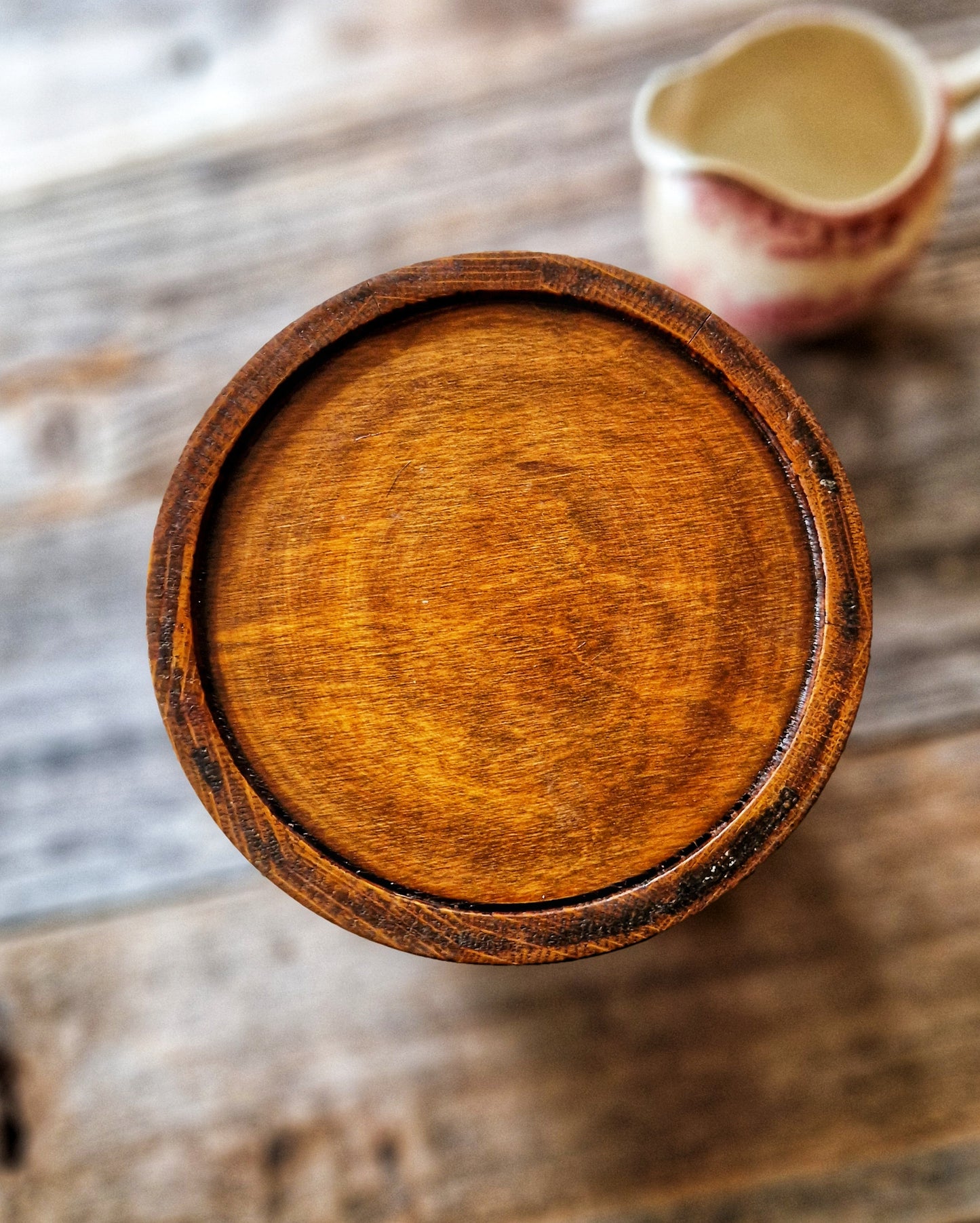 Vintage English Oak Biscuit Barrel | Mid-Century Stoneware-Lined Jar