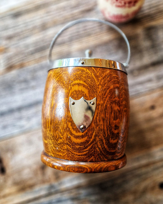 Vintage English Oak Biscuit Barrel | Mid-Century Stoneware-Lined Jar 