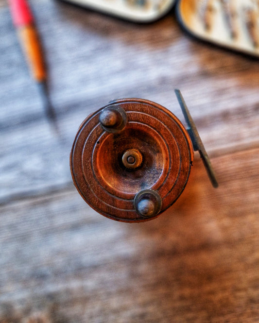2-1/2-Inch Nottingham-Style Fishing Reel | Antique Wood & Brass English Fishing Tackle, c. 1900-1930
