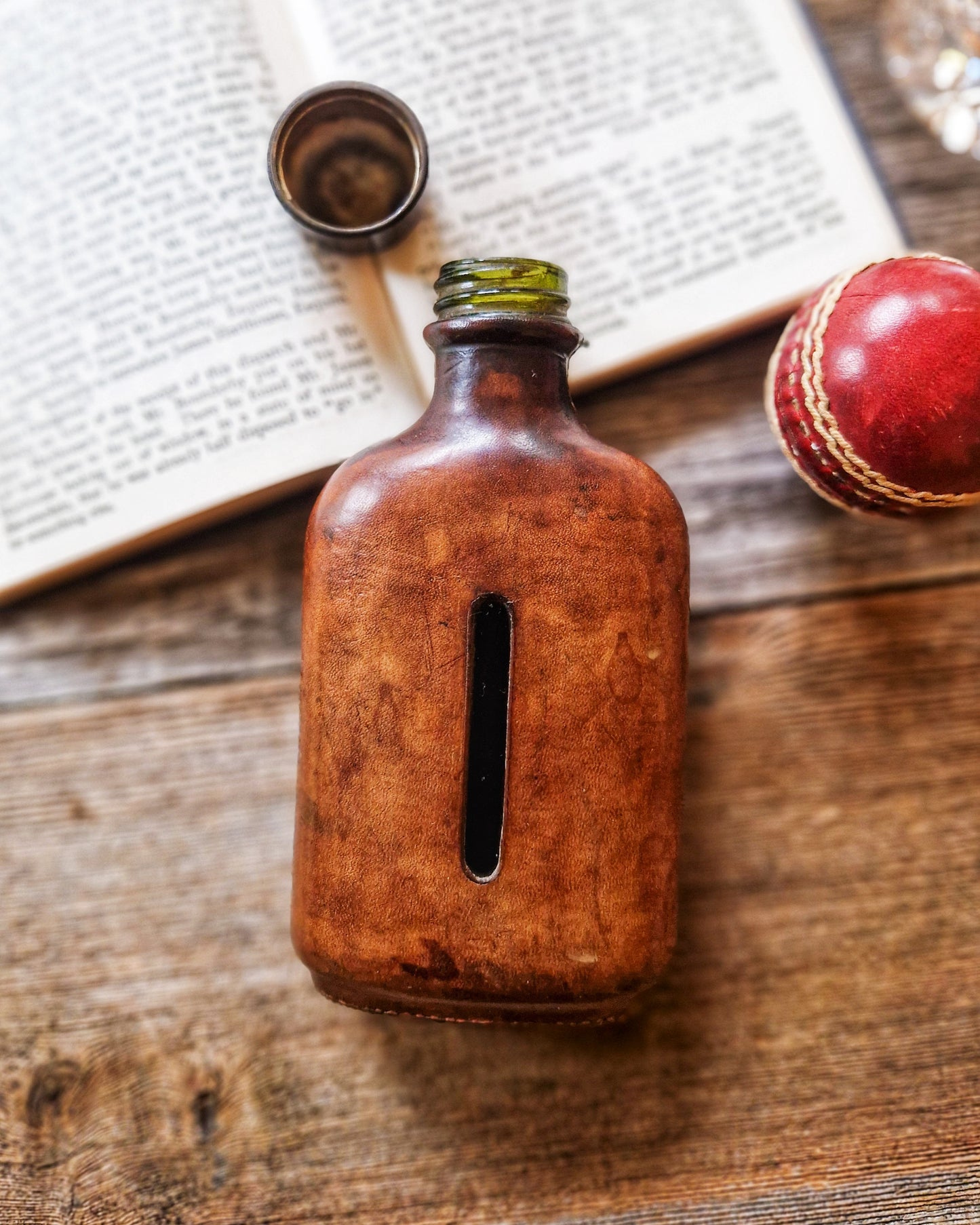 Antique English Hip Flask c. 1905–1920 | 5-3/4-Inch Leather-Clad Glass Flask
