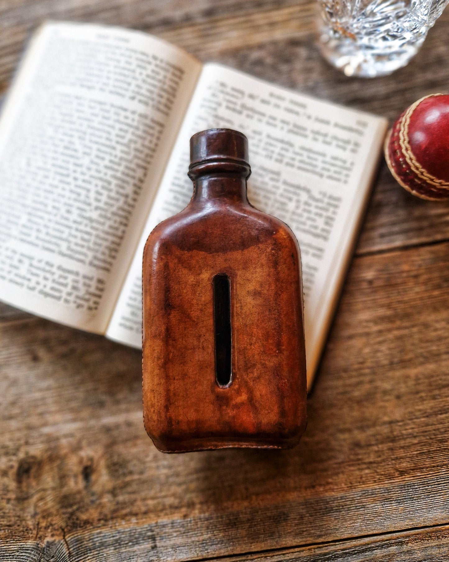 Antique English Hip Flask c. 1905–1920 | 5-3/4-Inch Leather-Clad Glass Flask