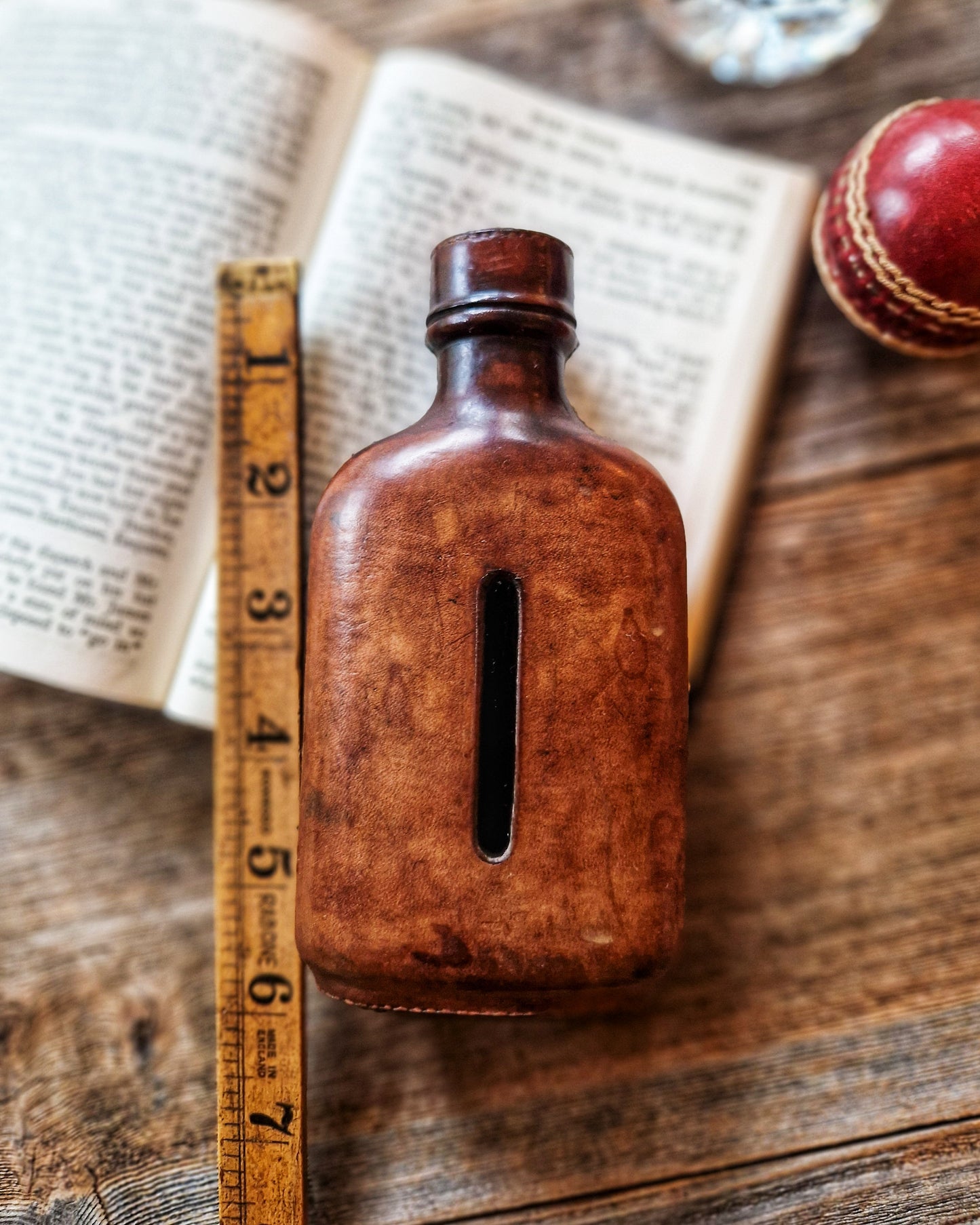 Antique English Hip Flask c. 1905–1920 | 5-3/4-Inch Leather-Clad Glass Flask