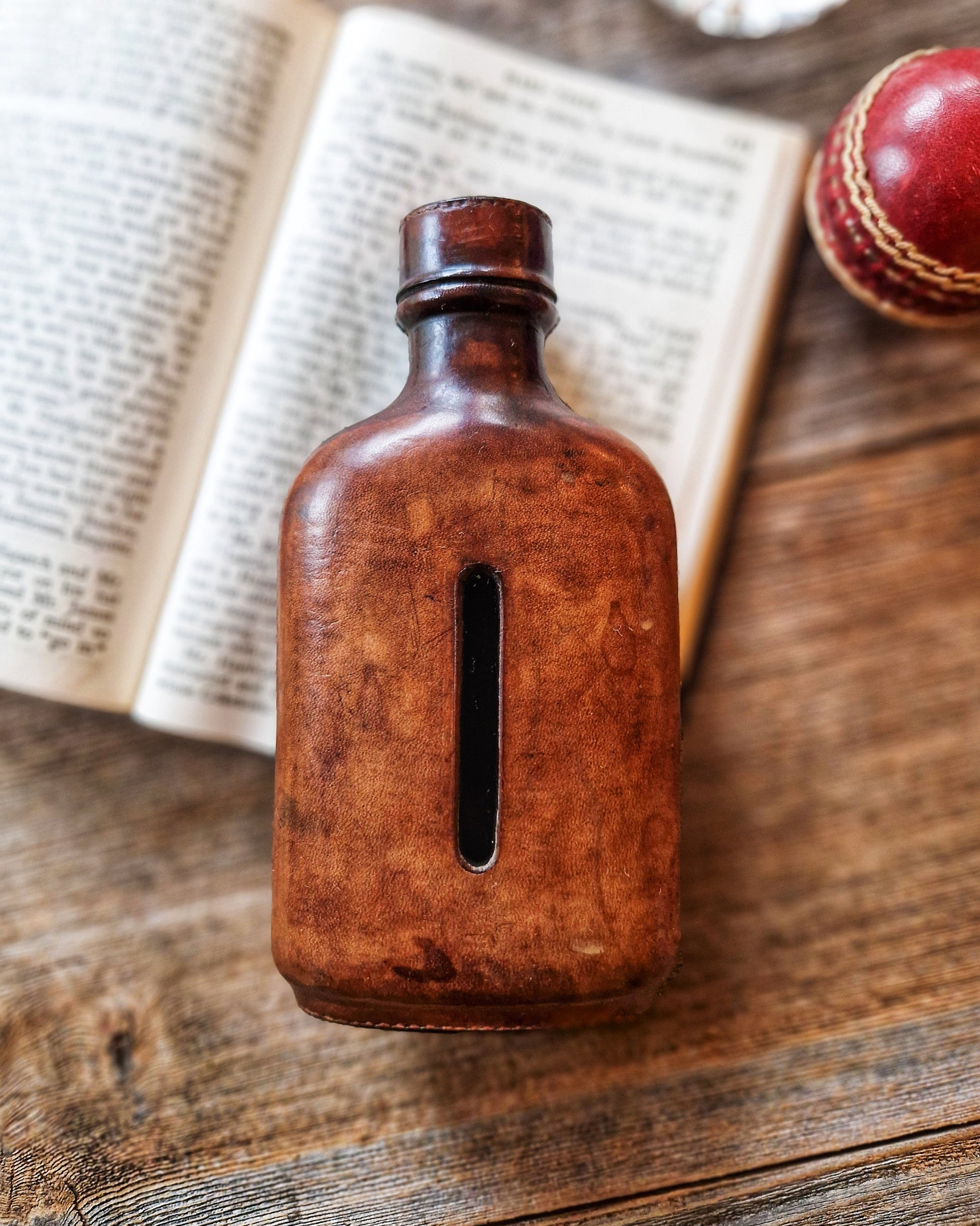 Antique English Hip Flask c. 1905–1920 | 5-3/4-Inch Leather-Clad Glass Flask