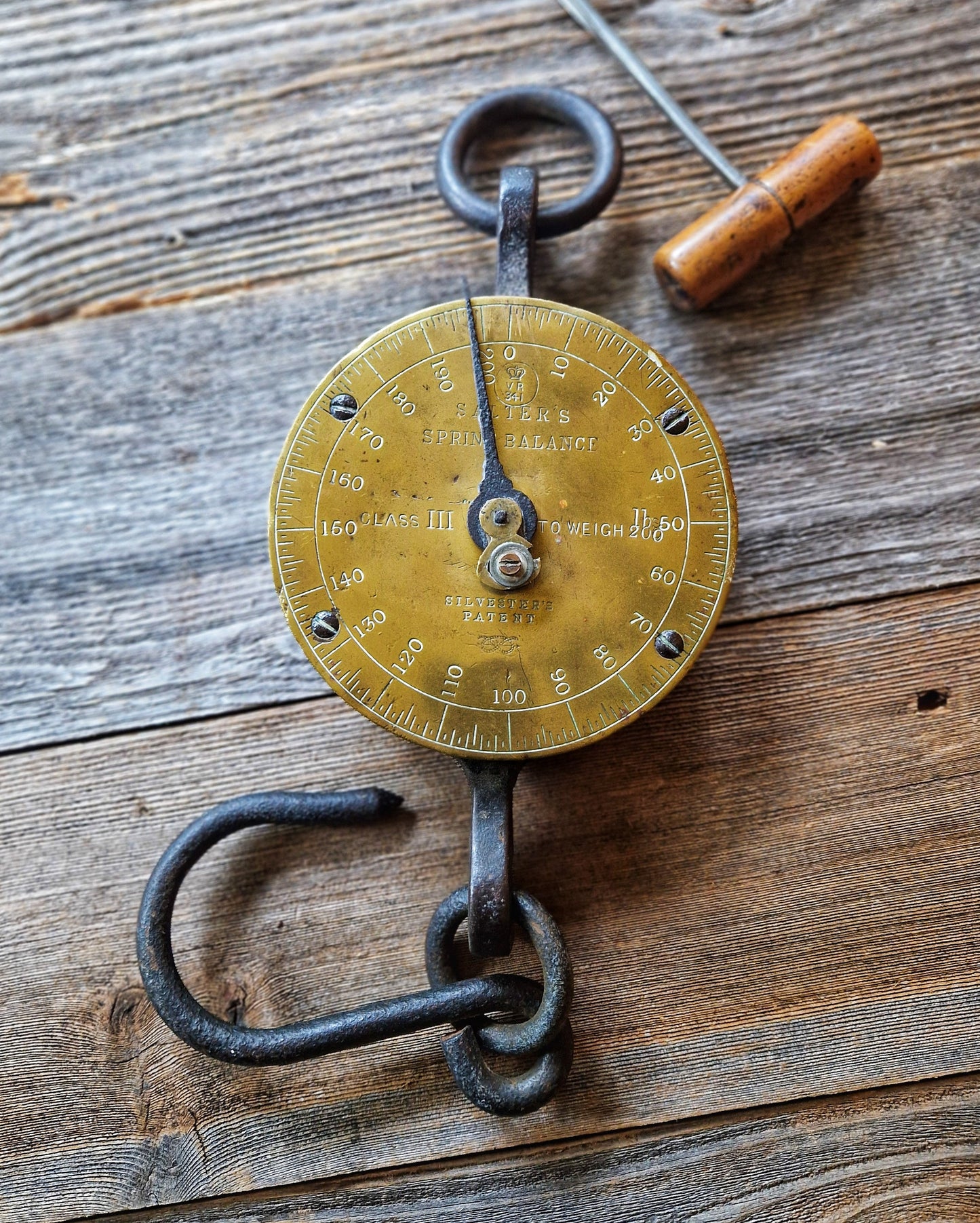 Antique English Salter Spring Balance | Late Victorian 200 lb. Hanging Scale c. 1865-1890