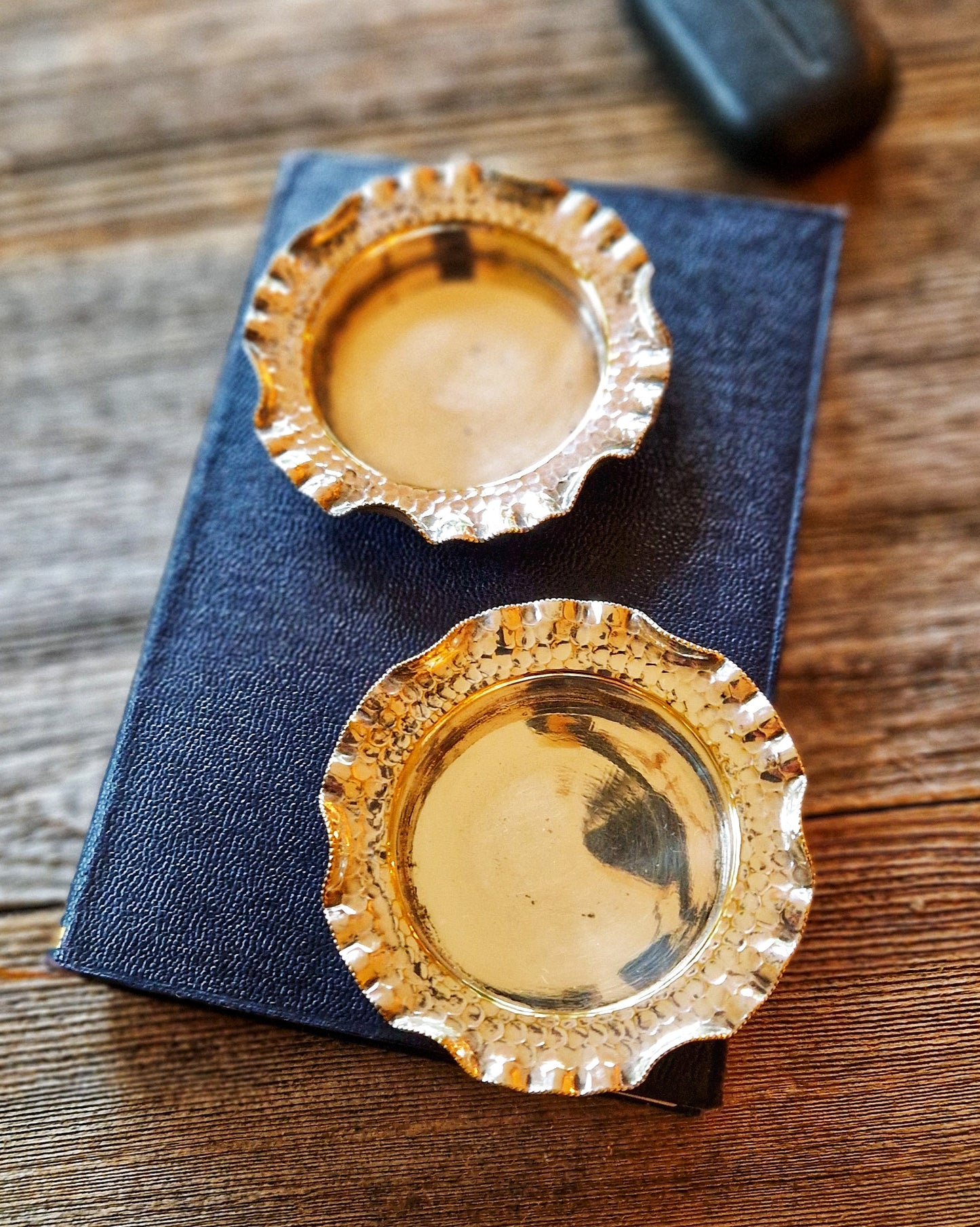 Arts & Crafts Silver-Plated Salt Dishes c. 1900 | English Hammered Tableware (Pair)