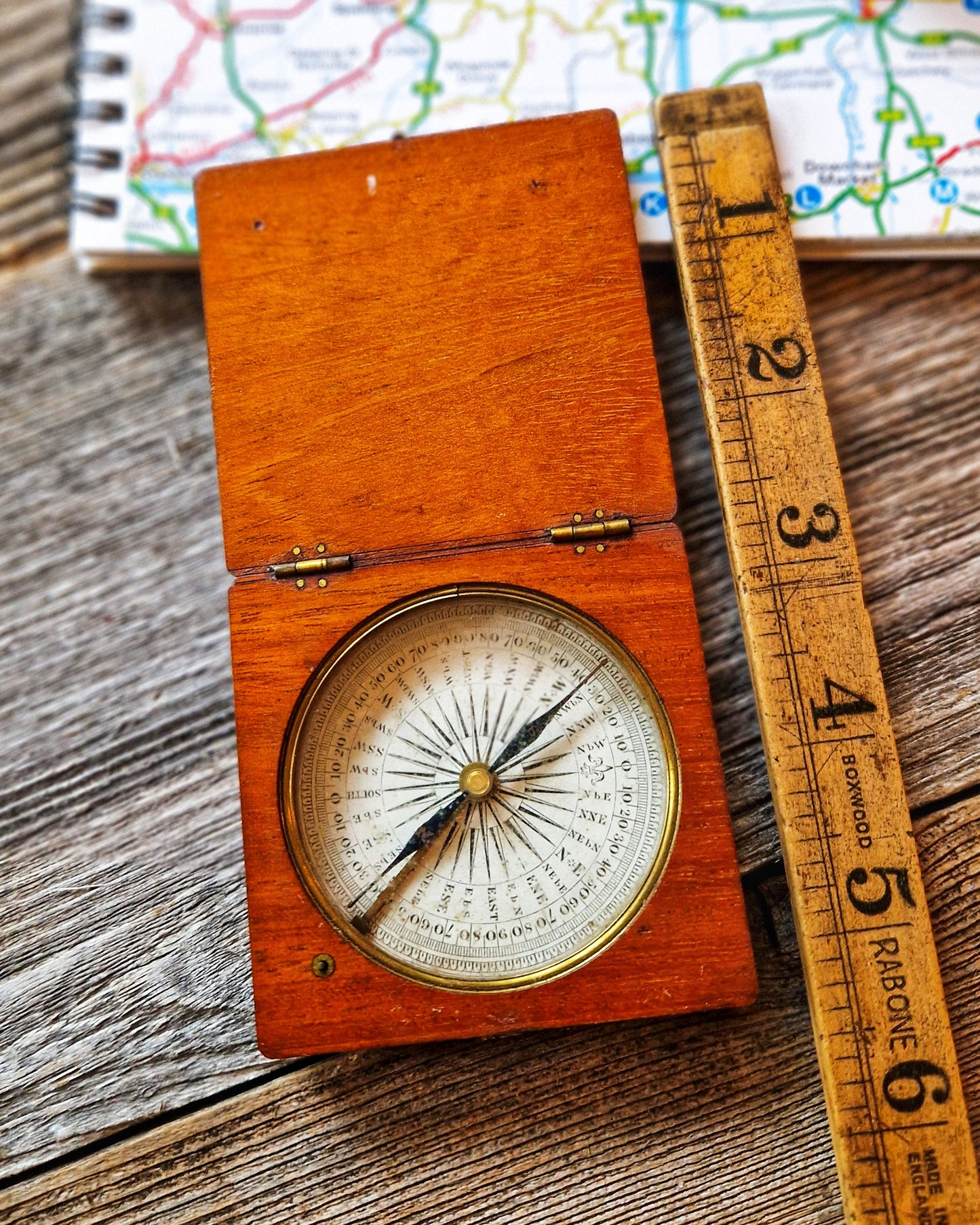 English Antique Travel Compass c. 1895–1915 | Hardwood Case with Transit Lock, Brass Details