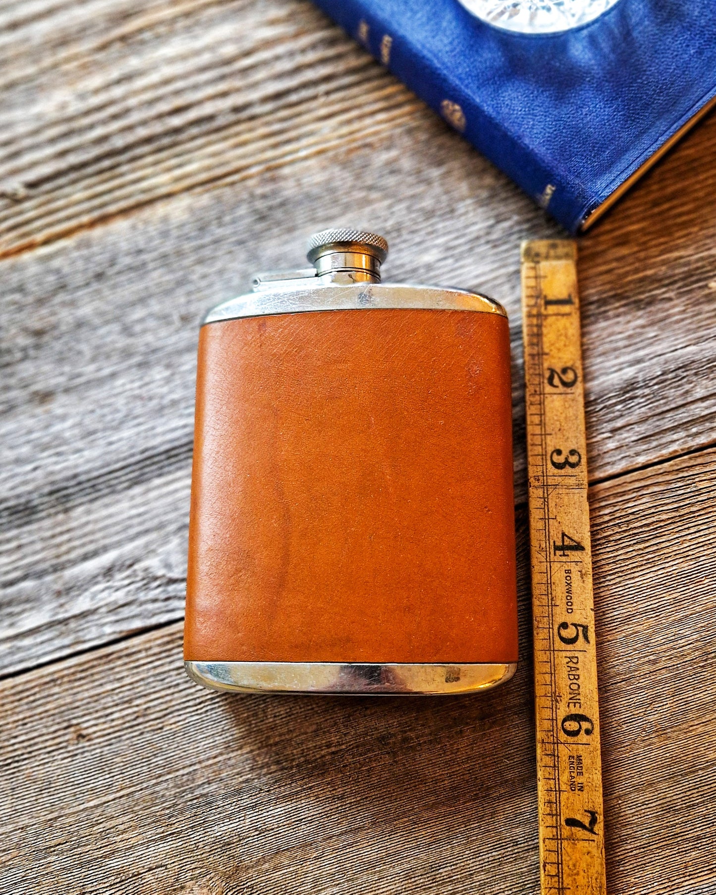 Large Vintage English Leather Hip Flask | Mid-Century 6-Ounce Flask in Pigskin, Stainless Steel