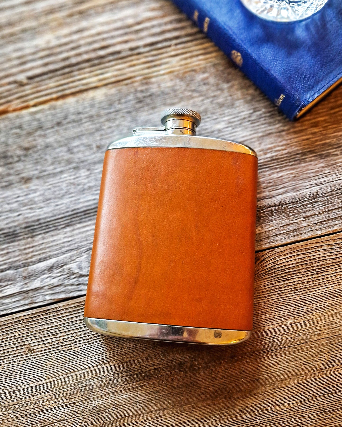 Large Vintage English Leather Hip Flask | Mid-Century 6-Ounce Flask in Pigskin, Stainless Steel