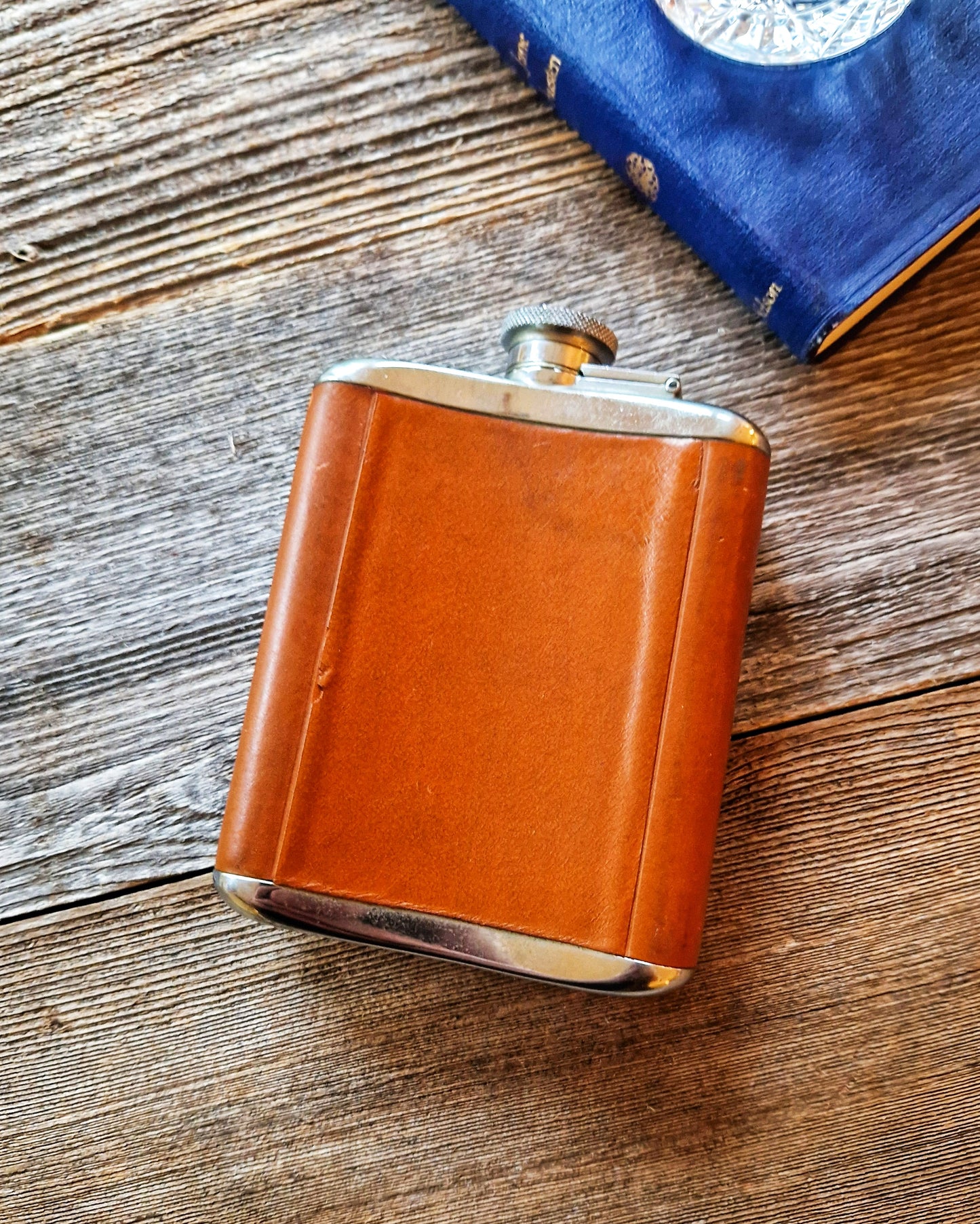 Large Vintage English Leather Hip Flask | Mid-Century 6-Ounce Flask in Pigskin, Stainless Steel