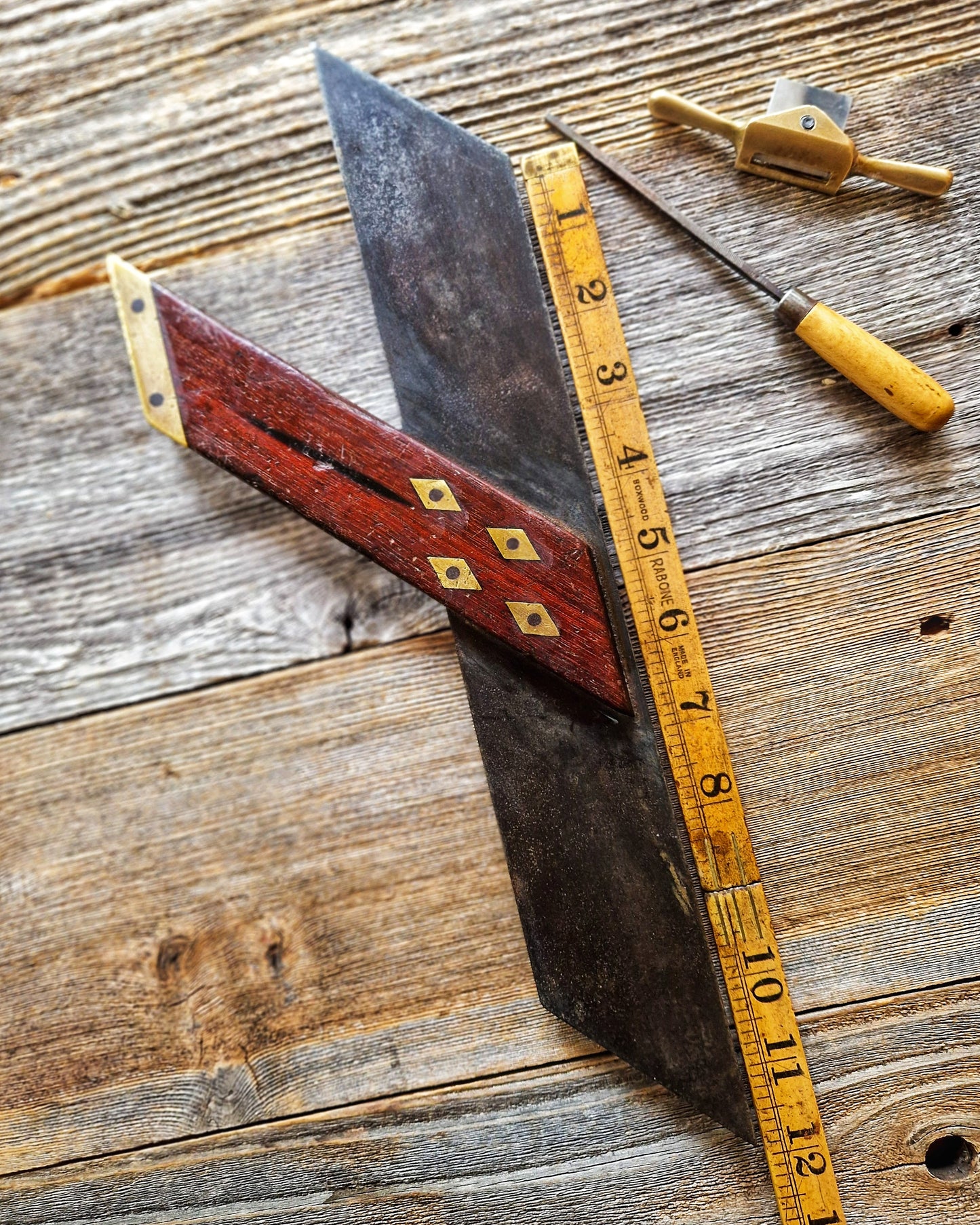 12-Inch English Mitre Square, c. 1870–1900 | Victorian Rosewood & Brass Woodworking Tool