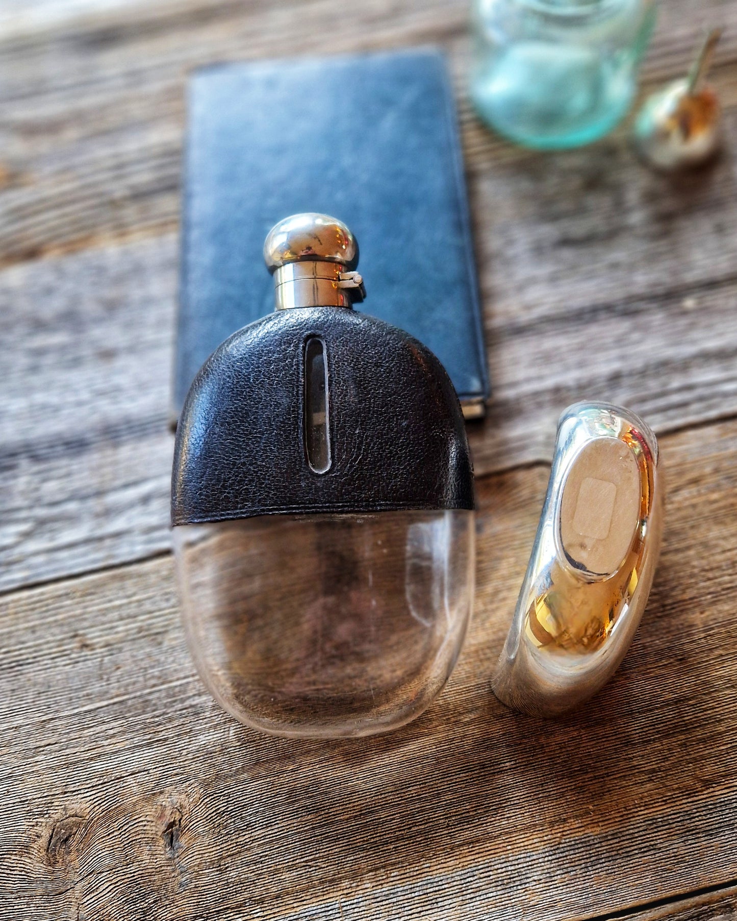 Antique Curved Leather Hip Flask with Silver-Plated Cup | 6-3/8-Inch Oval English Flask