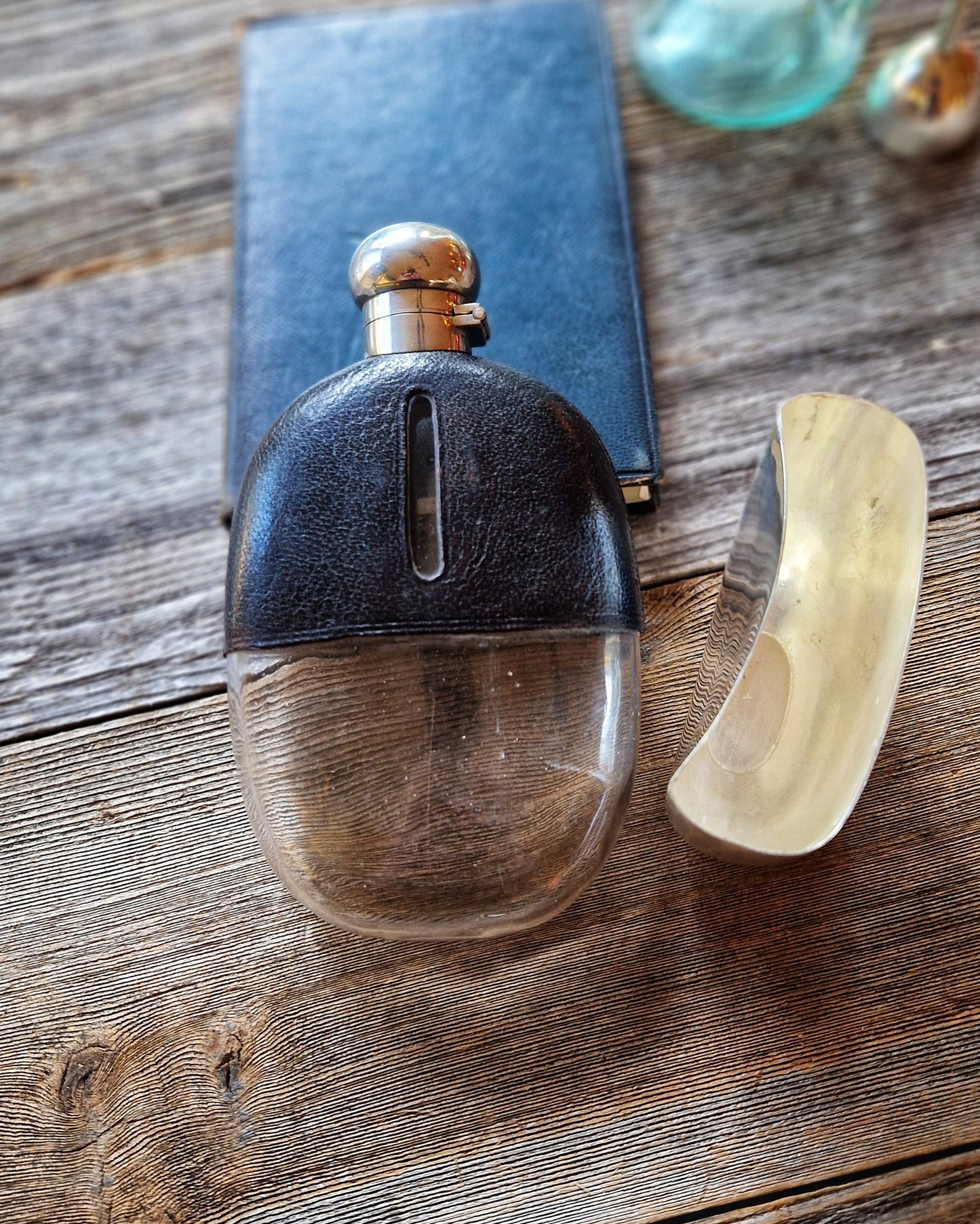 Antique Curved Leather Hip Flask with Silver-Plated Cup | 6-3/8-Inch Oval English Flask