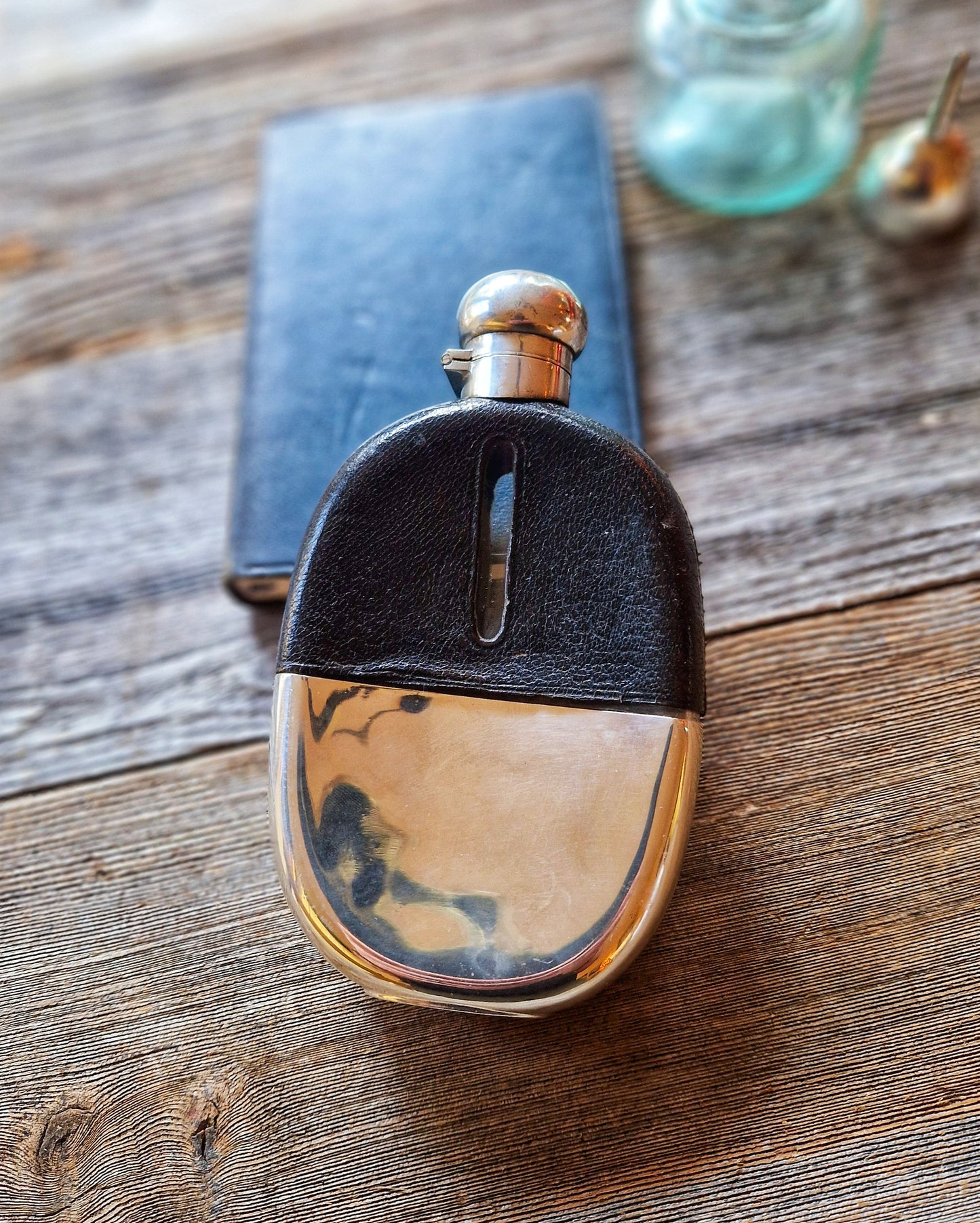 Antique Curved Leather Hip Flask with Silver-Plated Cup | 6-3/8-Inch Oval English Flask