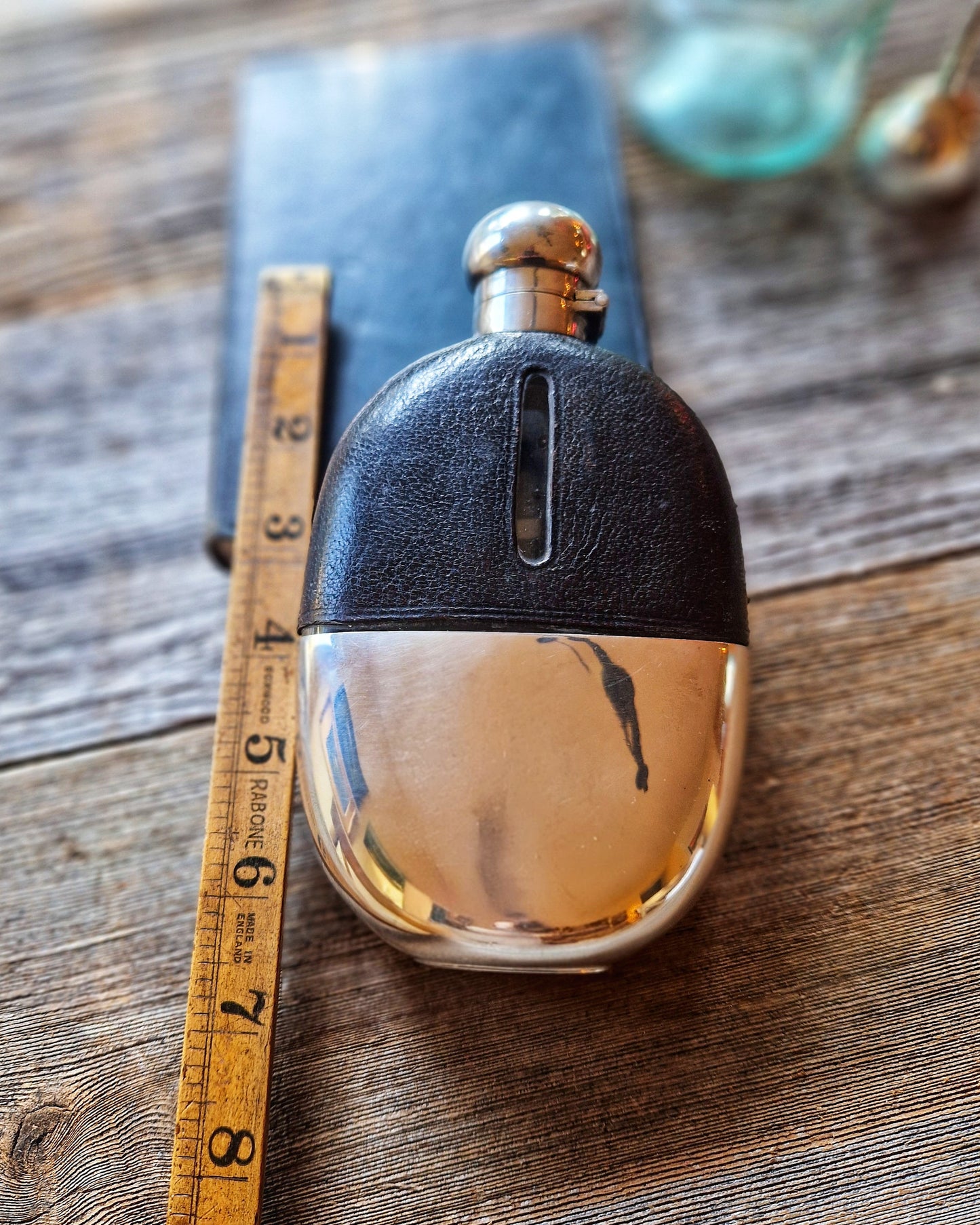 Antique Curved Leather Hip Flask with Silver-Plated Cup | 6-3/8-Inch Oval English Flask