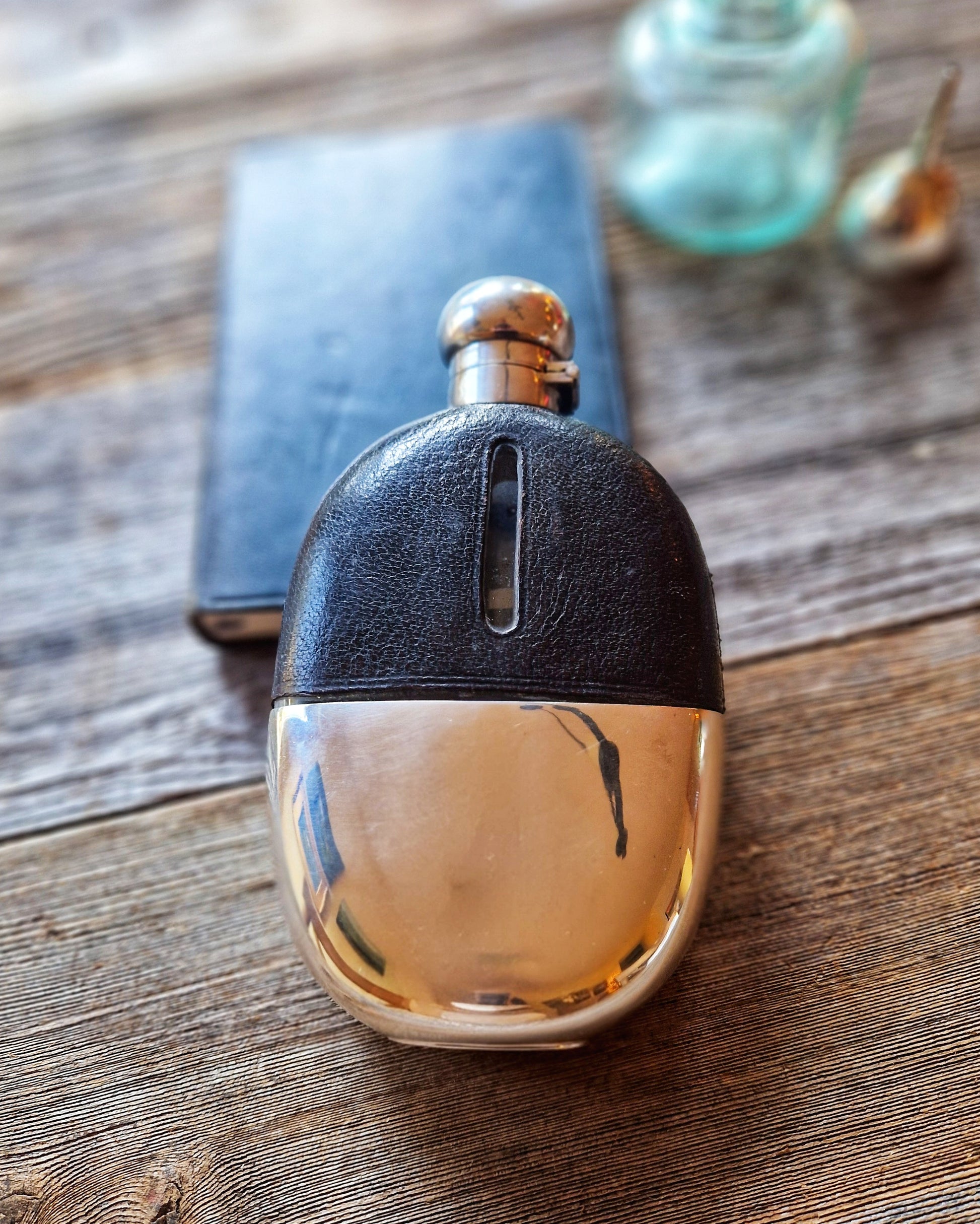 Antique Curved Leather Hip Flask with Silver-Plated Cup | 6-3/8-Inch Oval English Flask