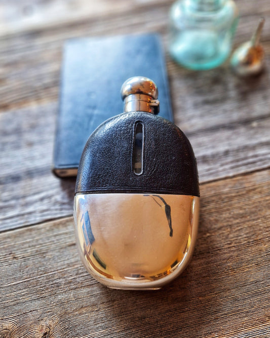 Antique Curved Leather Hip Flask with Silver-Plated Cup | 6-3/8-Inch Oval English Flask