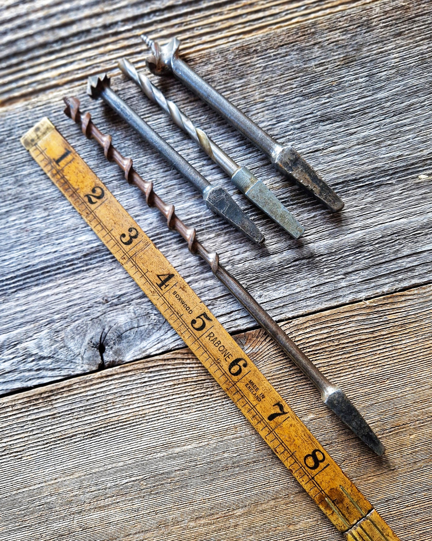 Antique English Bit Brace with 4 Period Drill Bits | Woodworking Tool by F. Thompson of Sheffield, c. 1890-1910