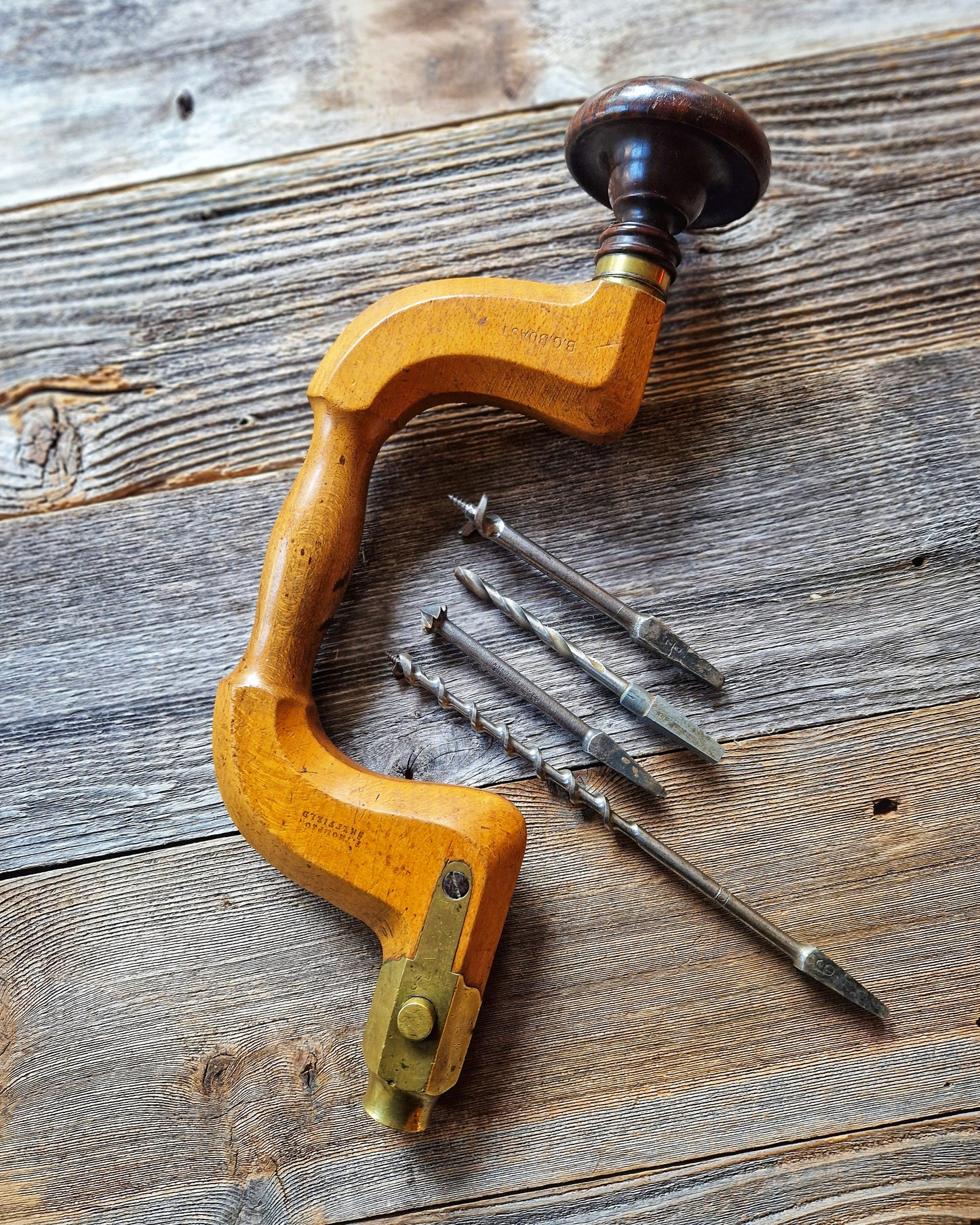 Antique English Bit Brace with 4 Period Drill Bits | Woodworking Tool by F. Thompson of Sheffield, c. 1890-1910