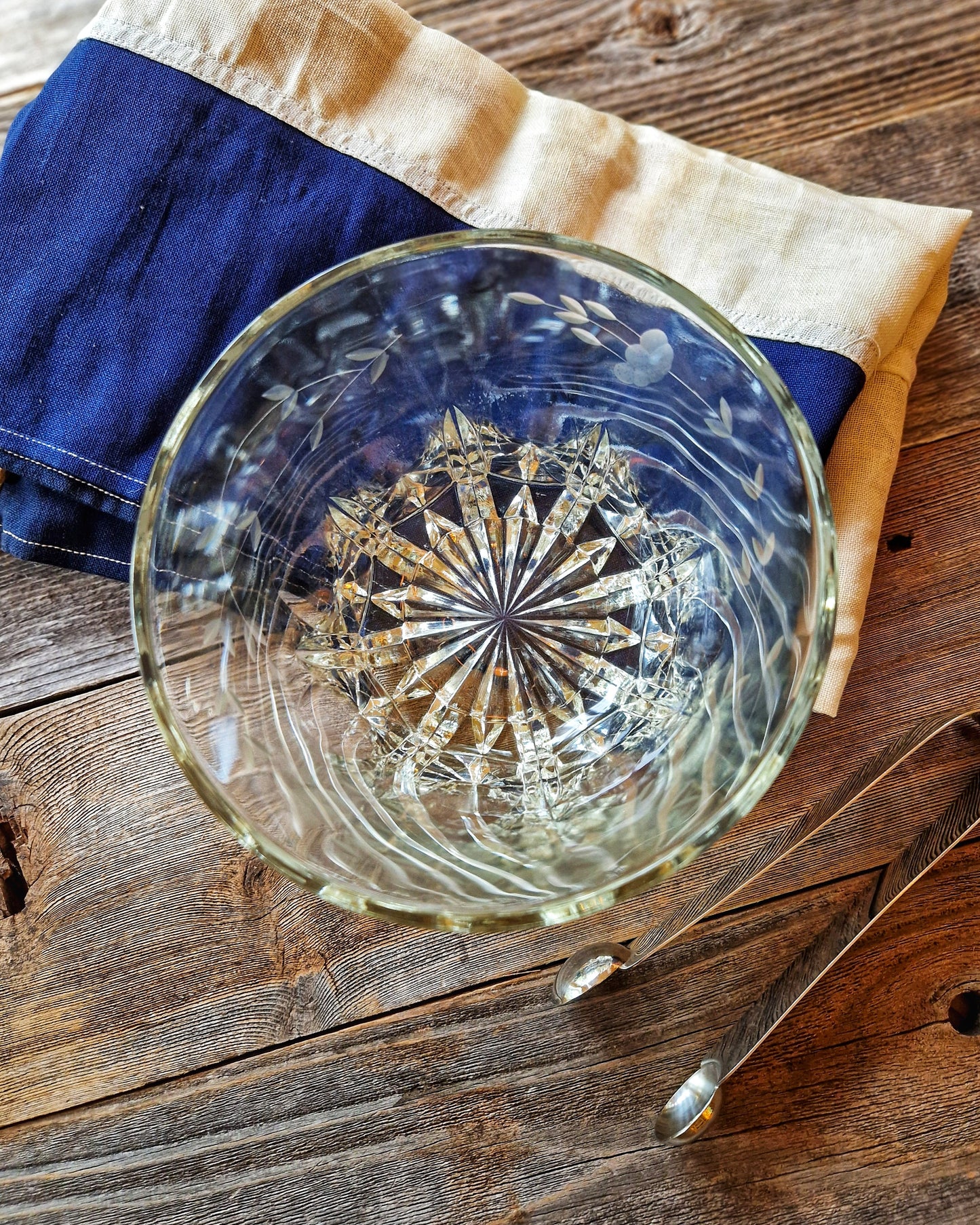 Vintage Cut Crystal Ice Bucket with Etched Floral Garland | Mid-Century Barware c. 1960s–70s