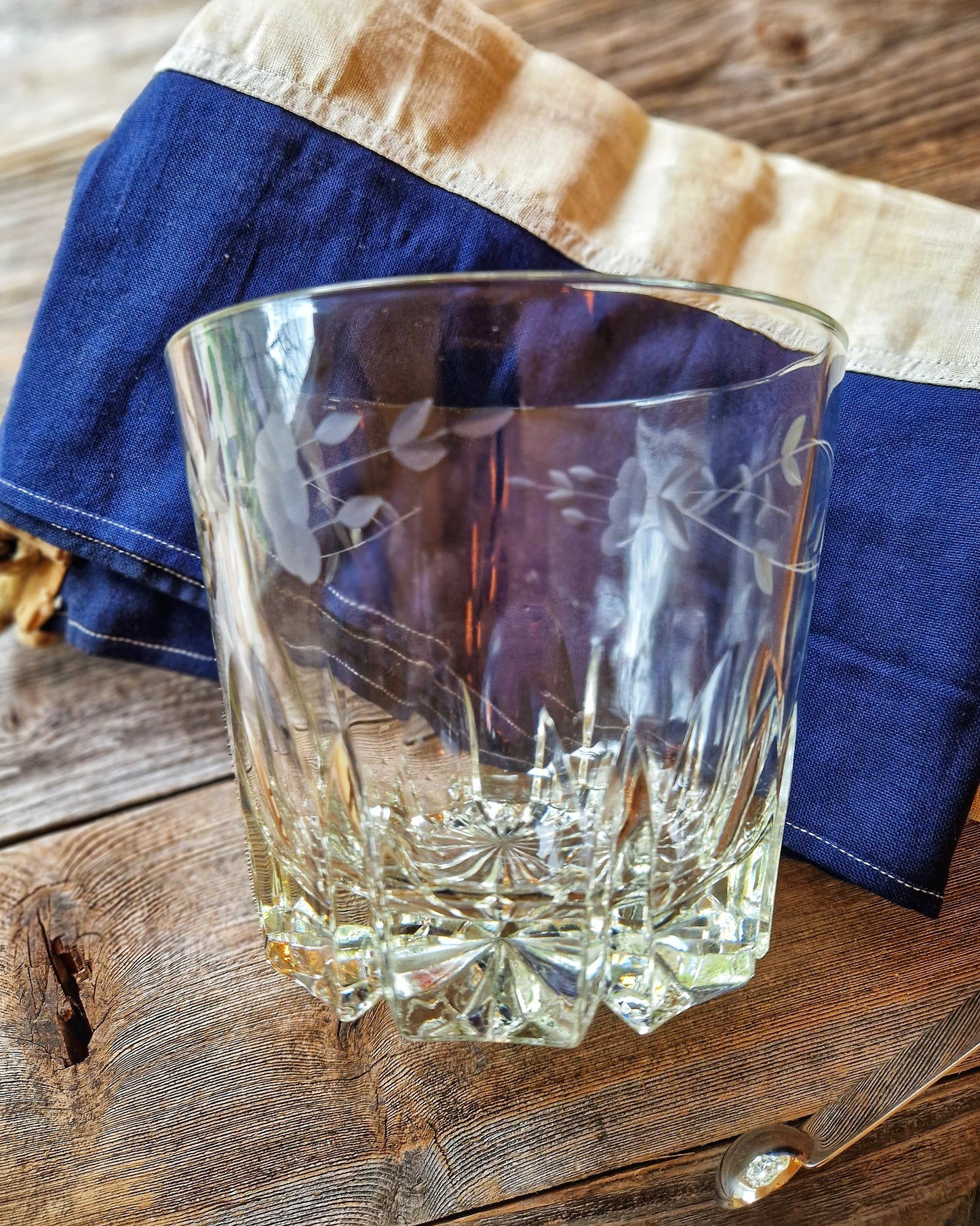 Vintage Cut Crystal Ice Bucket with Etched Floral Garland | Mid-Century Barware c. 1960s–70s