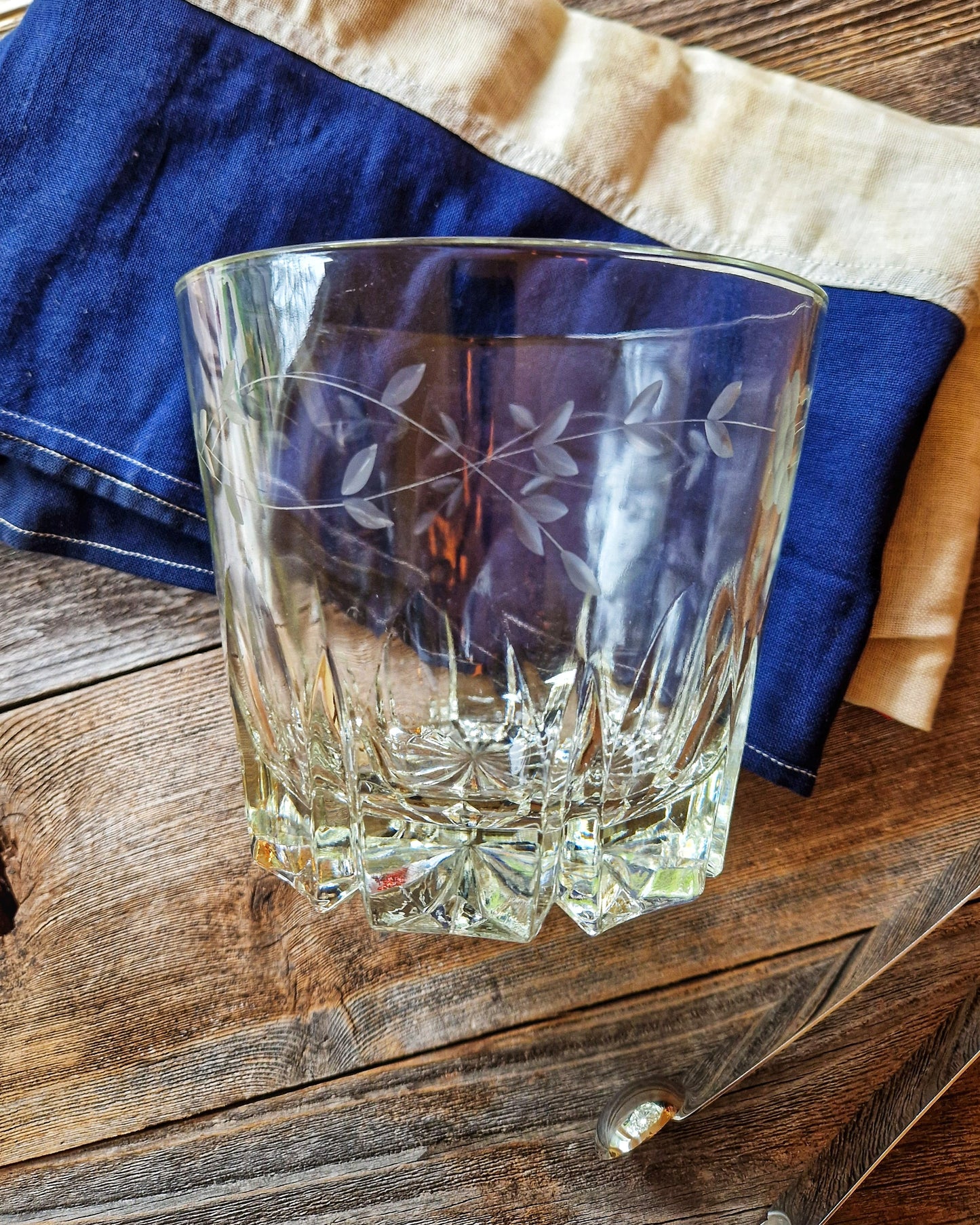 Vintage Cut Crystal Ice Bucket with Etched Floral Garland | Mid-Century Barware c. 1960s–70s