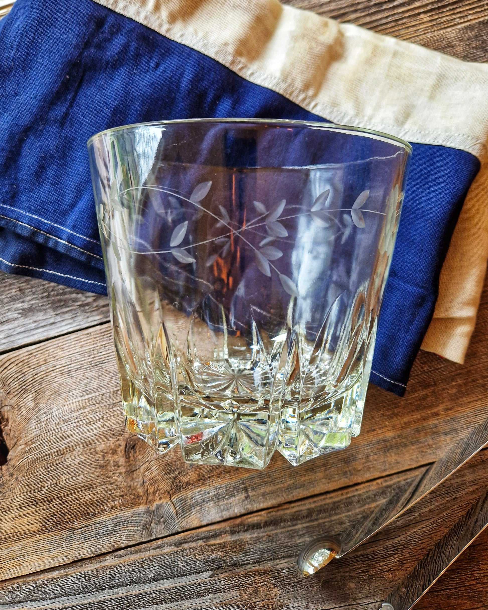 Vintage Cut Crystal Ice Bucket with Etched Floral Garland | Mid-Century Barware c. 1960s–70s