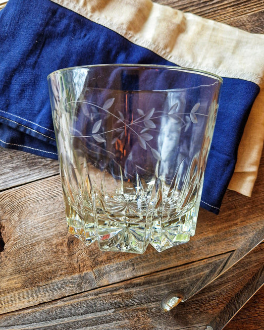 Vintage Cut Crystal Ice Bucket with Etched Floral Garland | Mid-Century Barware c. 1960s–70s