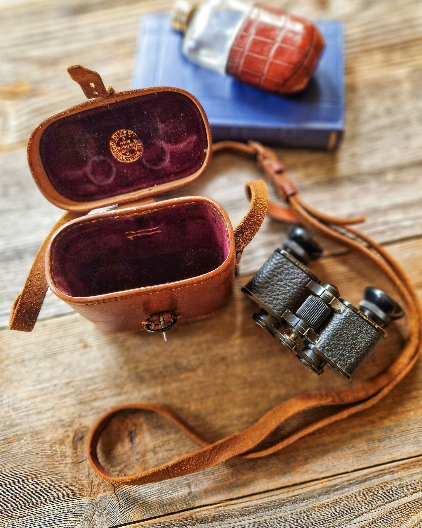 1920s Zeiss Jena Teleater 3x Binoculars in Monogrammed Leather Case by C.W. Dixey, London
