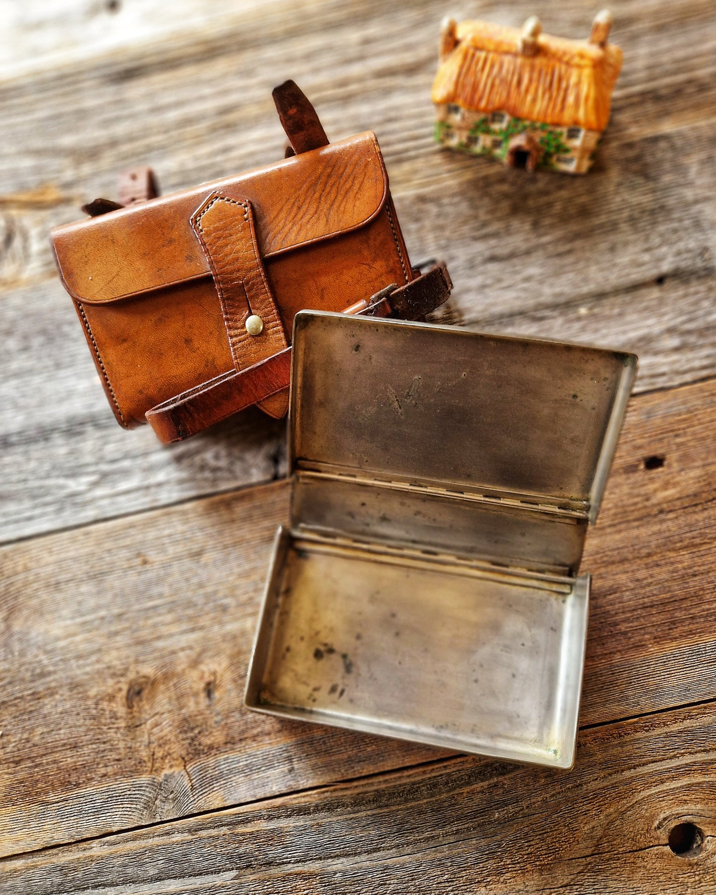English Leather Sandwich Tin c. 1925–1940 | Monogrammed Equestrian Lunch Case with Steel Box, Saddle Strap and Belt Loops
