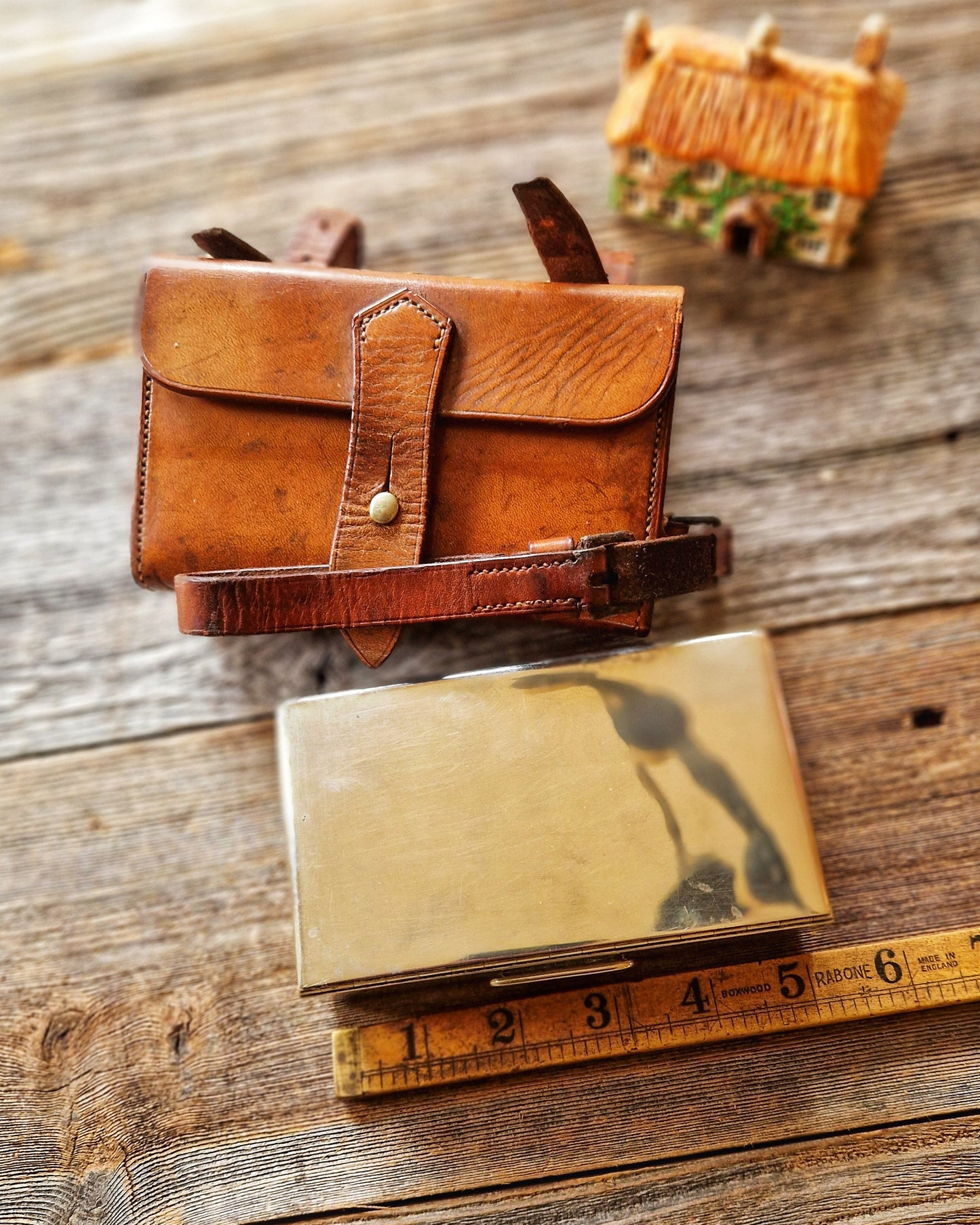English Leather Sandwich Tin c. 1925–1940 | Monogrammed Equestrian Lunch Case with Steel Box, Saddle Strap and Belt Loops
