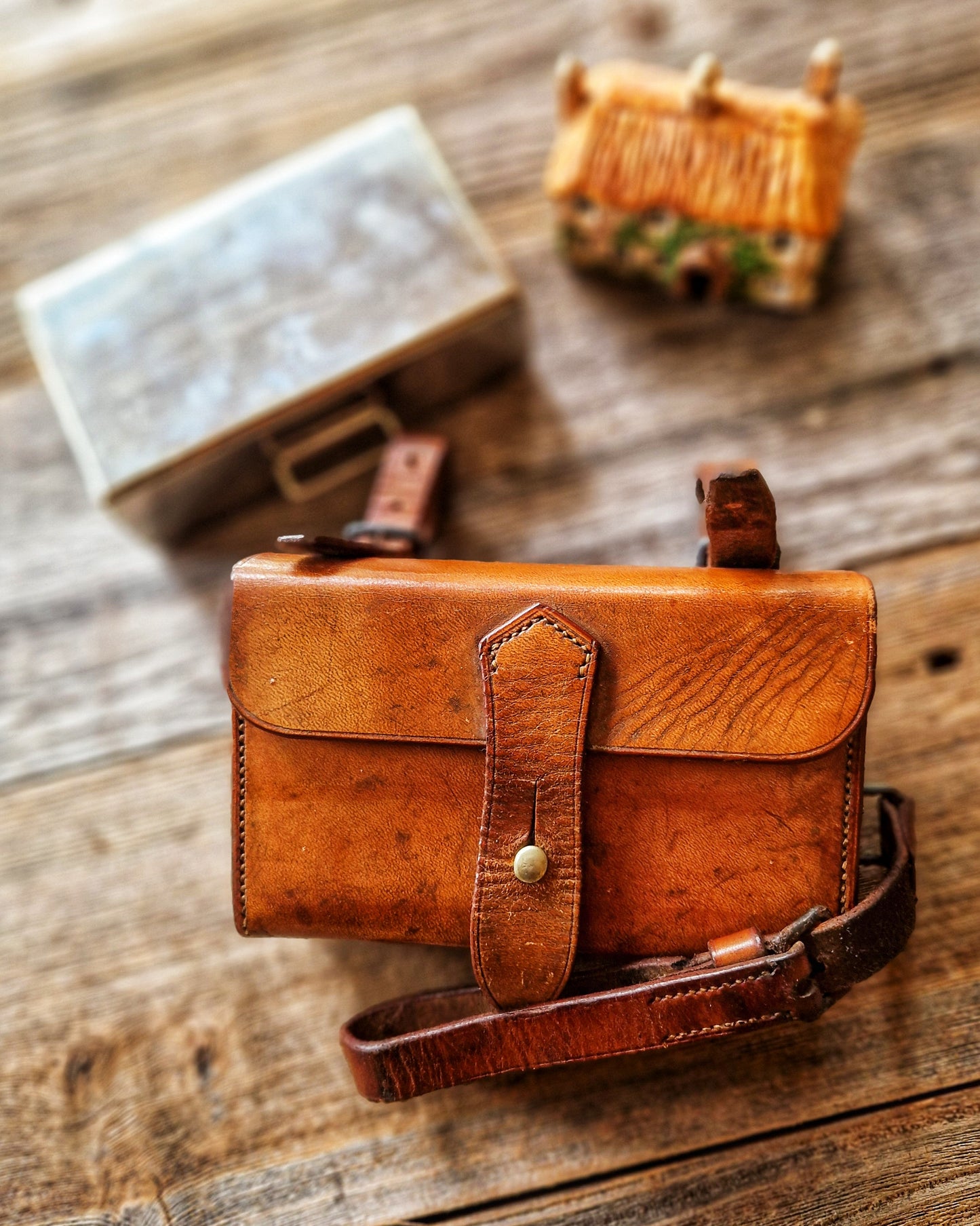 English Leather Sandwich Tin c. 1925–1940 | Monogrammed Equestrian Lunch Case with Steel Box, Saddle Strap and Belt Loops