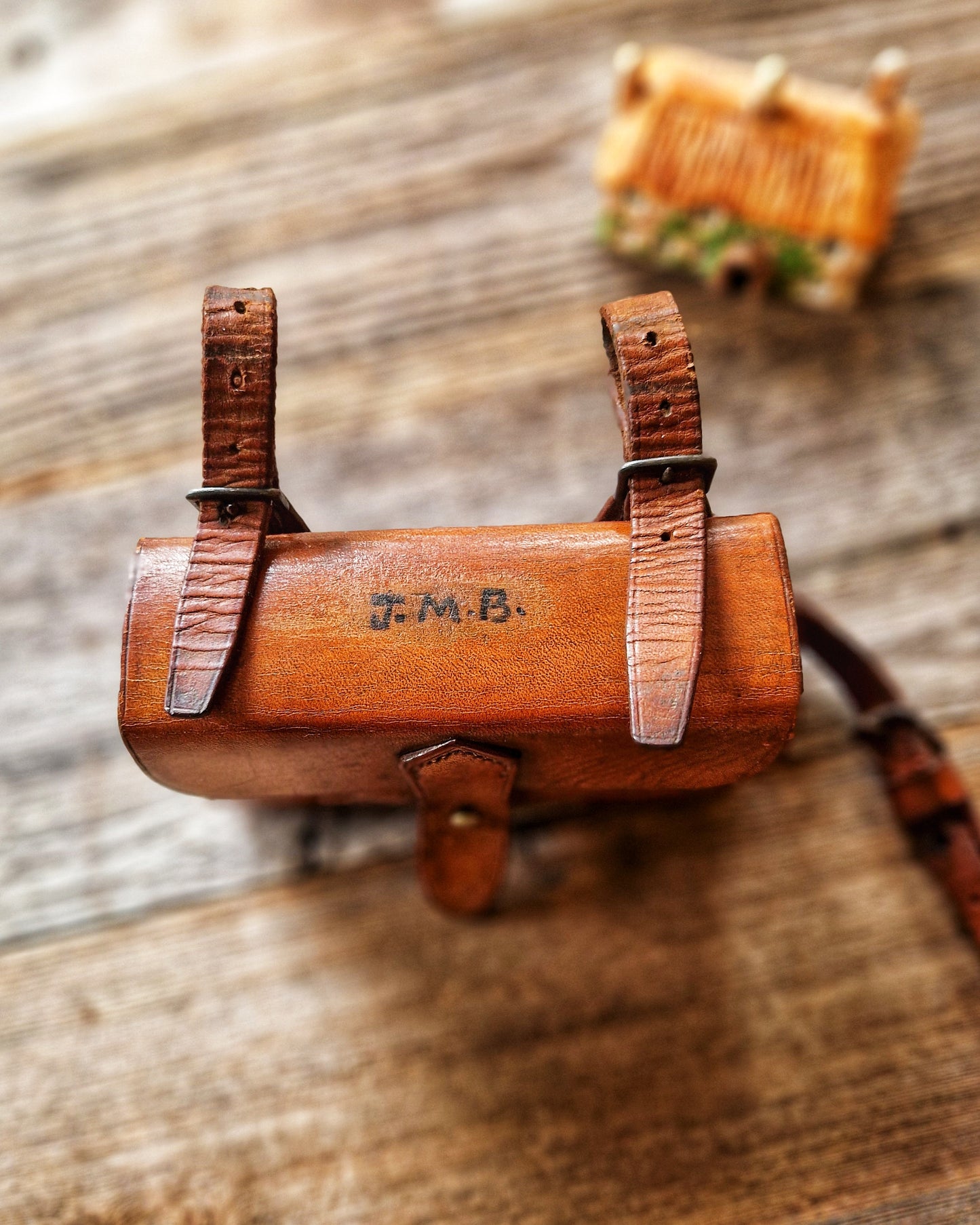 English Leather Sandwich Tin c. 1925–1940 | Monogrammed Equestrian Lunch Case with Steel Box, Saddle Strap and Belt Loops