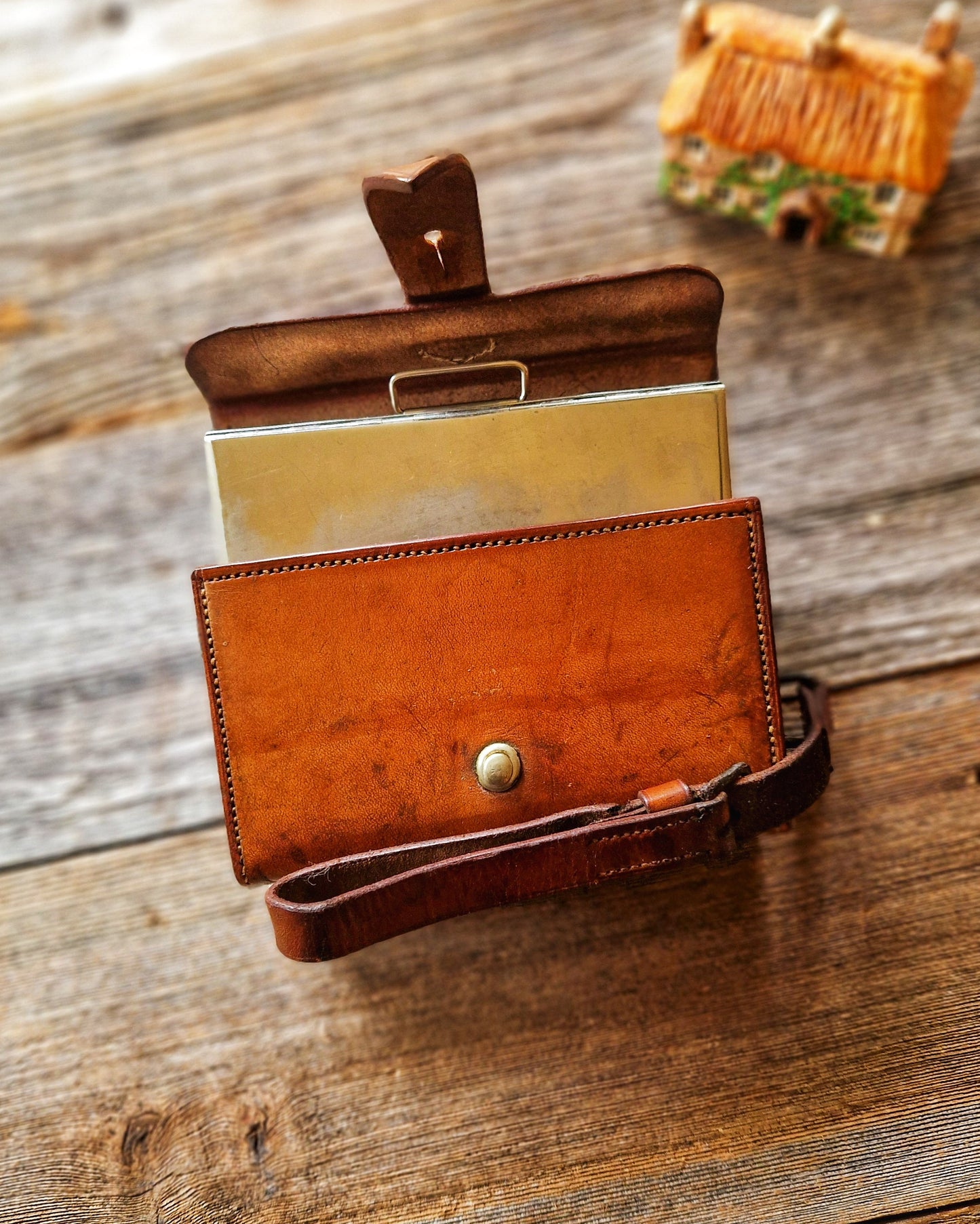 English Leather Sandwich Tin c. 1925–1940 | Monogrammed Equestrian Lunch Case with Steel Box, Saddle Strap and Belt Loops