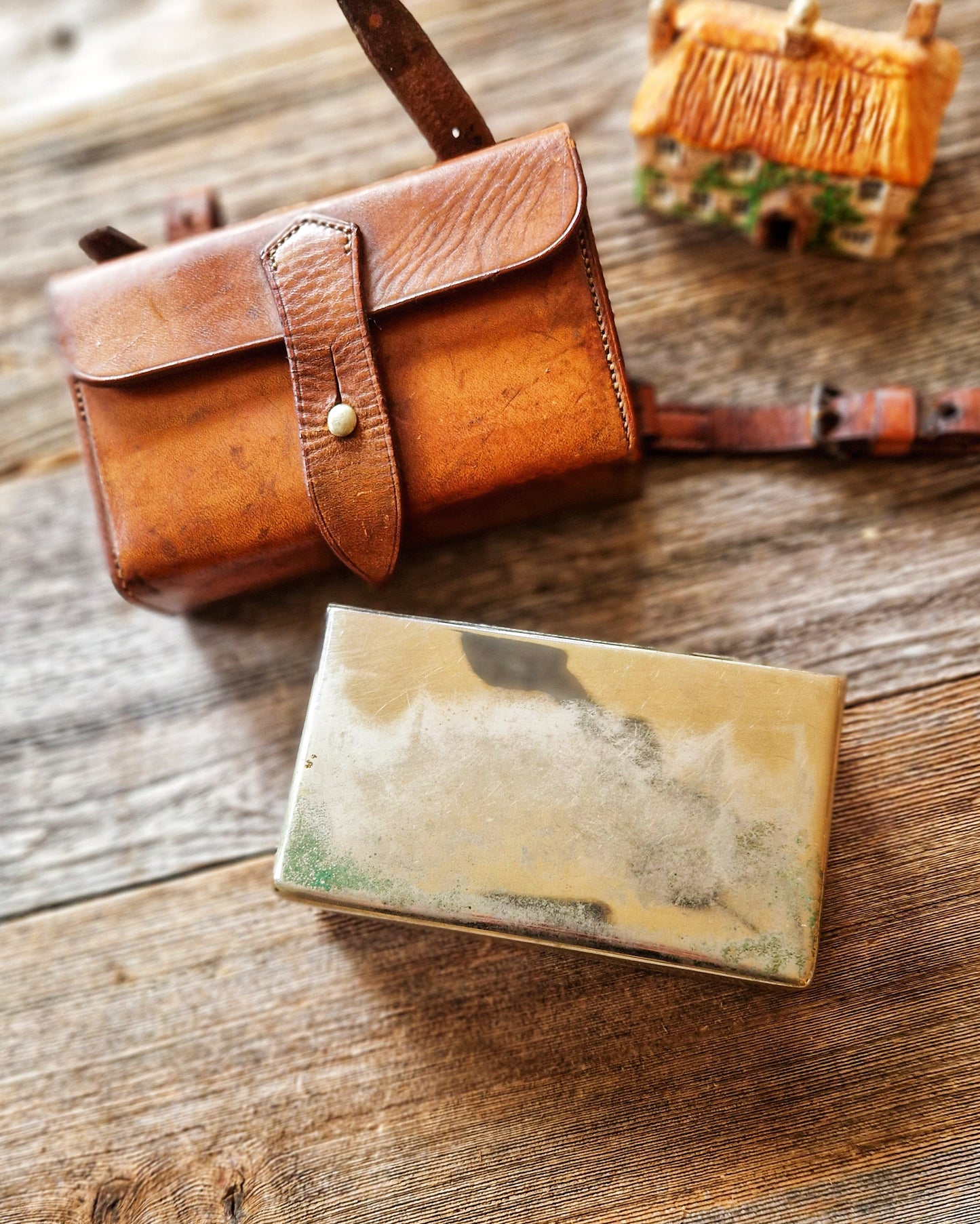 English Leather Sandwich Tin c. 1925–1940 | Monogrammed Equestrian Lunch Case with Steel Box, Saddle Strap and Belt Loops