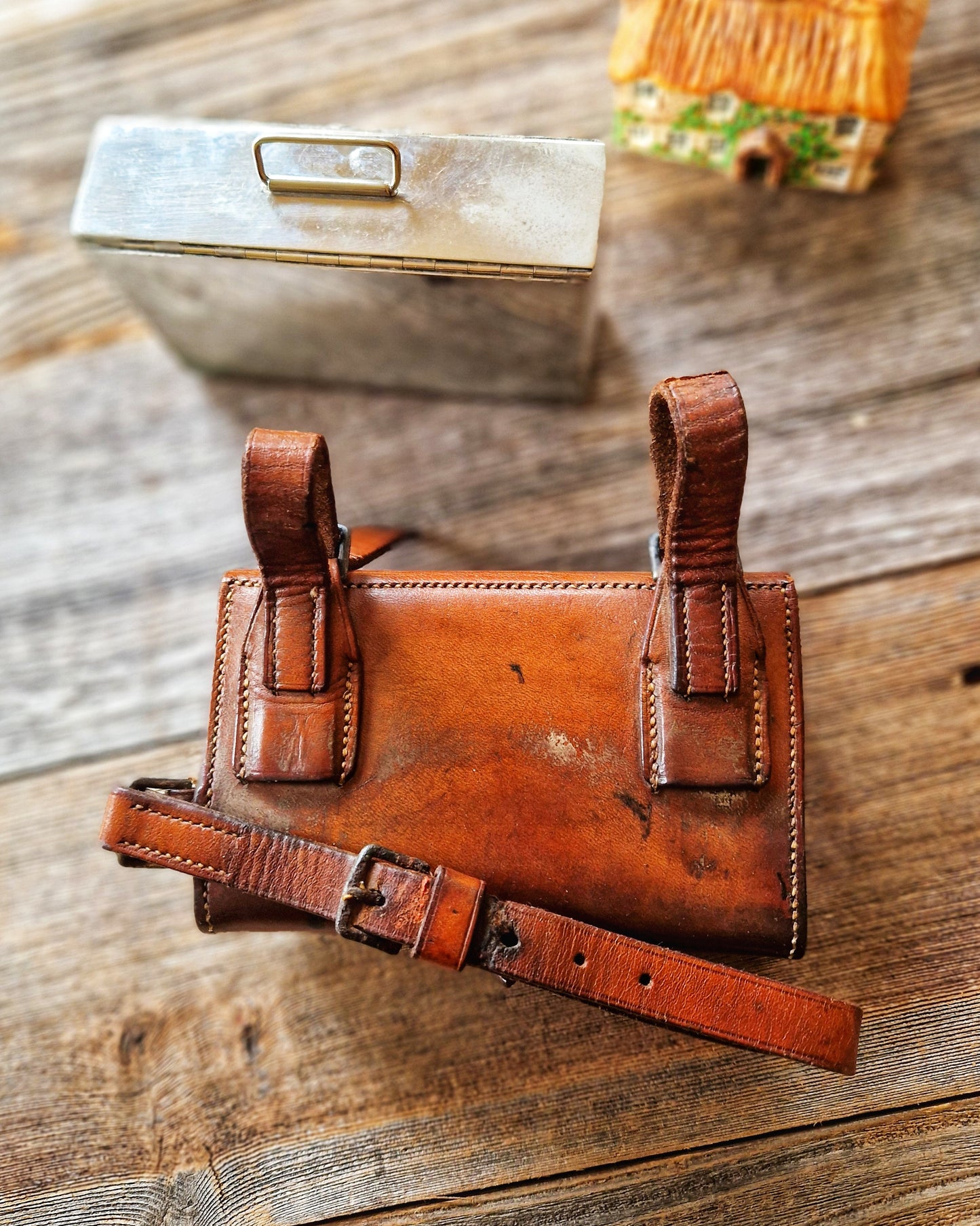 English Leather Sandwich Tin c. 1925–1940 | Monogrammed Equestrian Lunch Case with Steel Box, Saddle Strap and Belt Loops