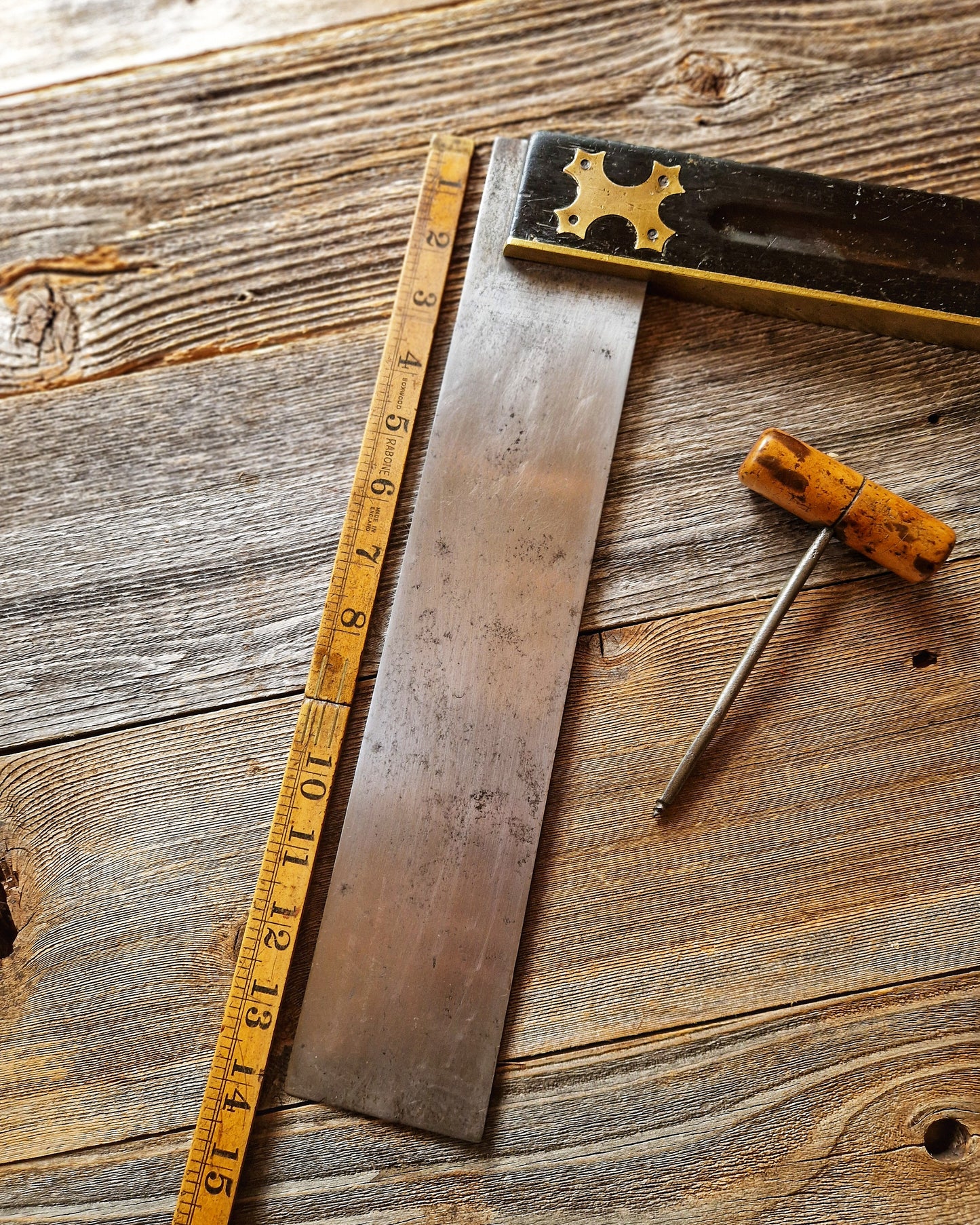 Antique 14-Inch English Try Square c. 1860-1890 | Victorian Woodworking Tool with Cross-Shaped Brass Inlay