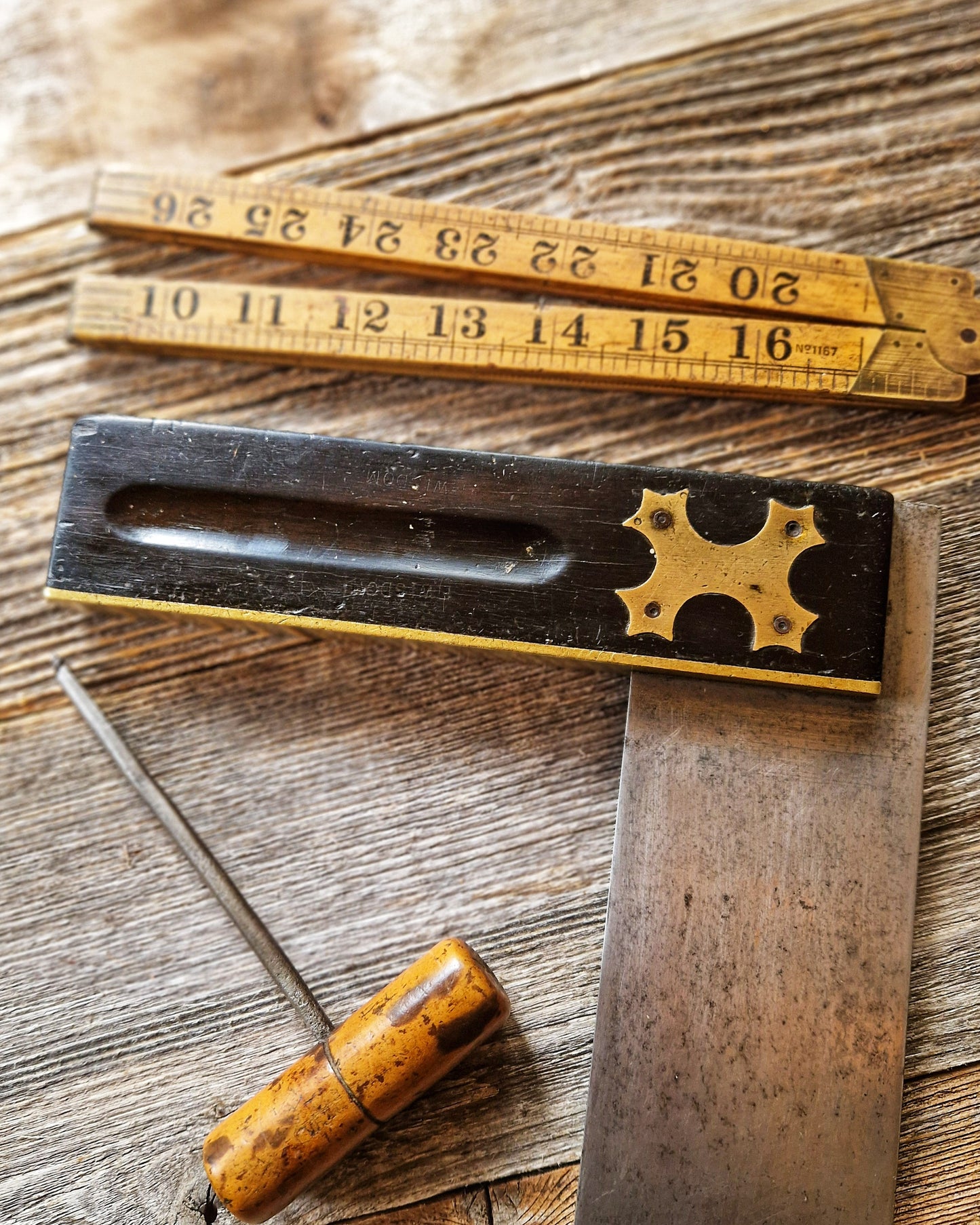 Antique 14-Inch English Try Square c. 1860-1890 | Victorian Woodworking Tool with Cross-Shaped Brass Inlay