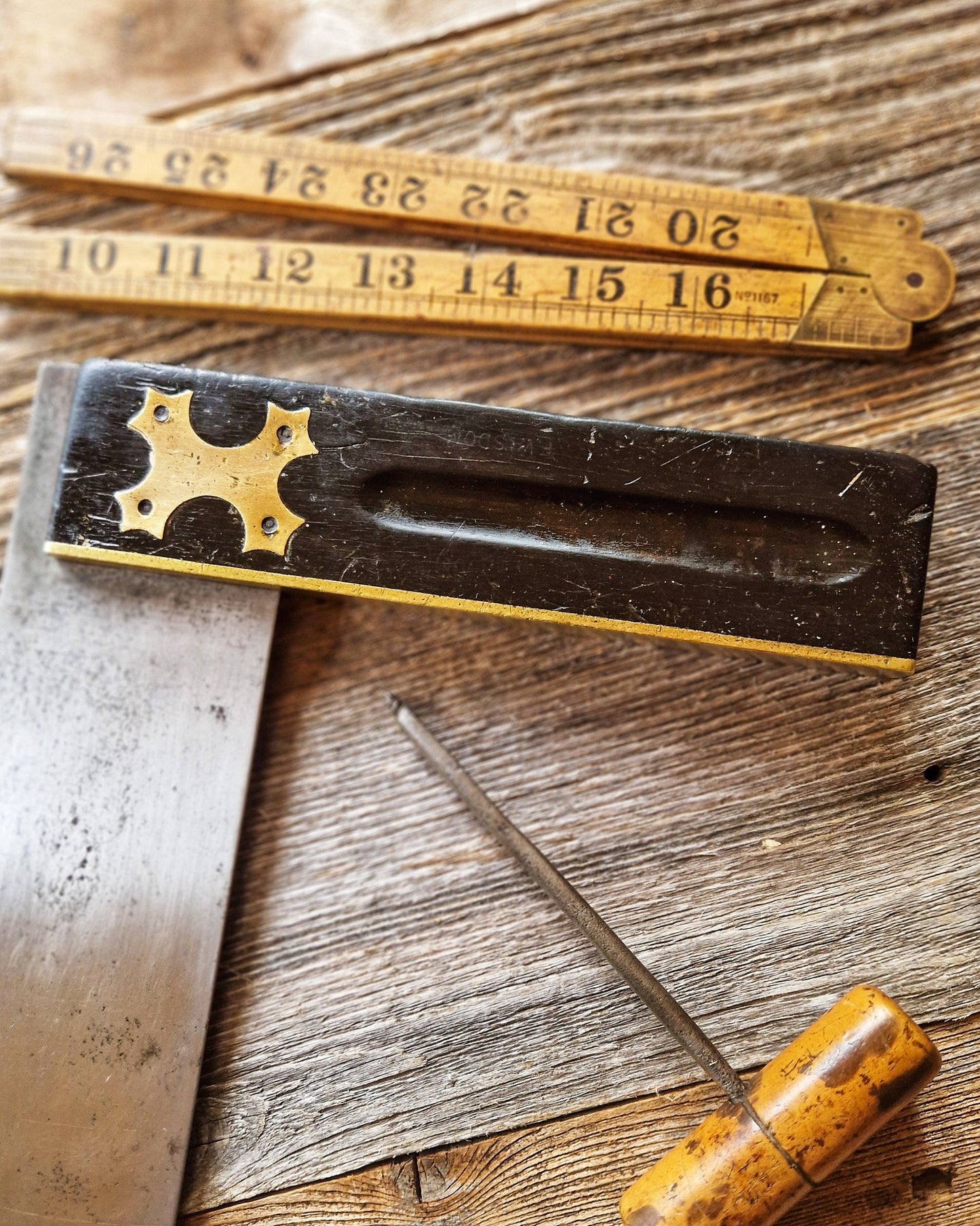 Antique 14-Inch English Try Square c. 1860-1890 | Victorian Woodworking Tool with Cross-Shaped Brass Inlay