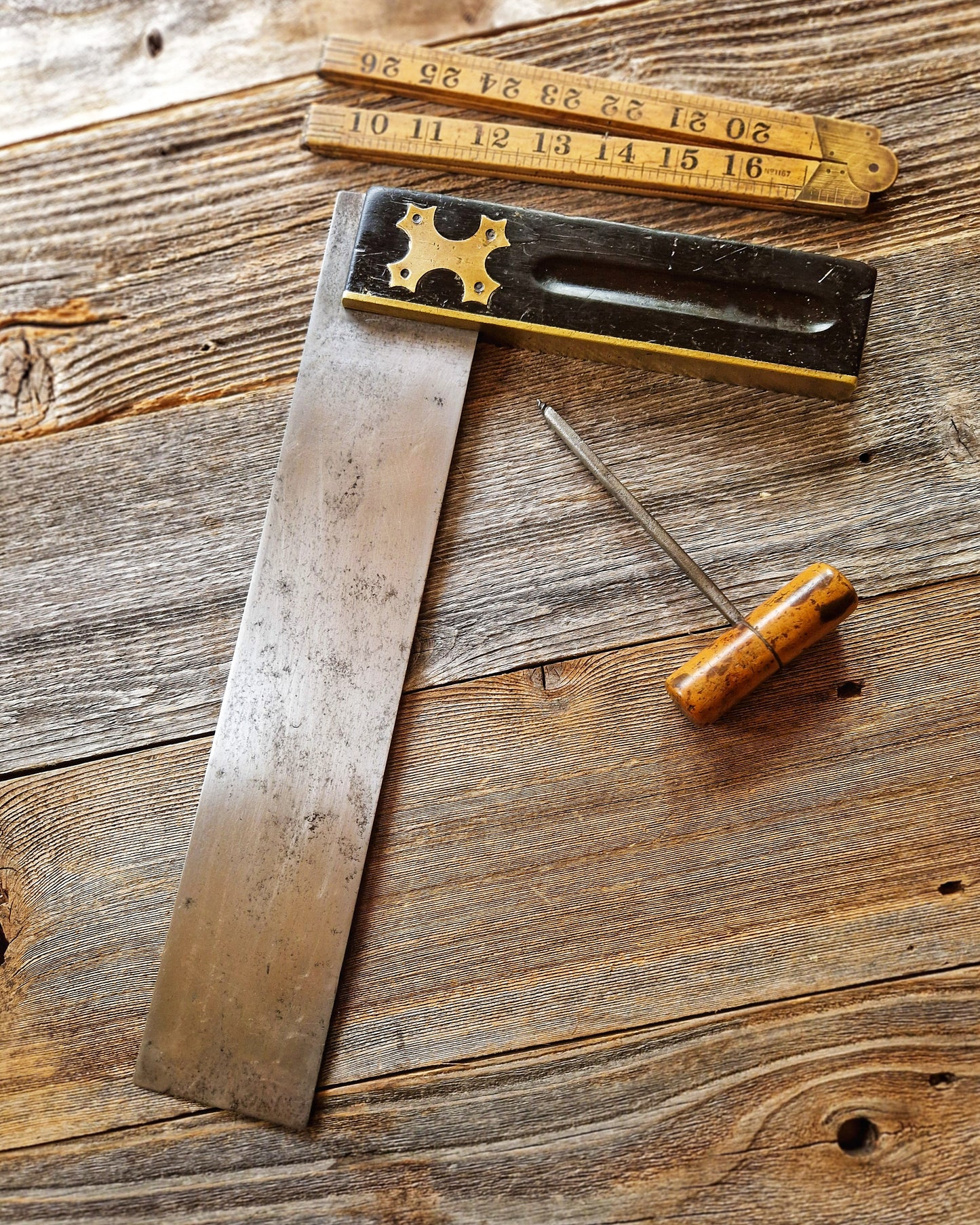 Antique 14-Inch English Try Square c. 1860-1890 | Victorian Woodworking Tool with Cross-Shaped Brass Inlay