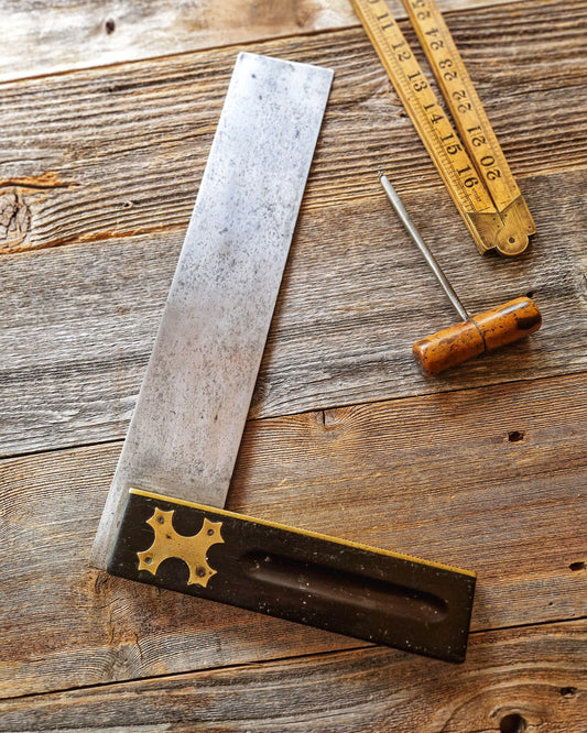 Antique 14-Inch English Try Square c. 1860-1890 | Victorian Woodworking Tool with Cross-Shaped Brass Inlay 