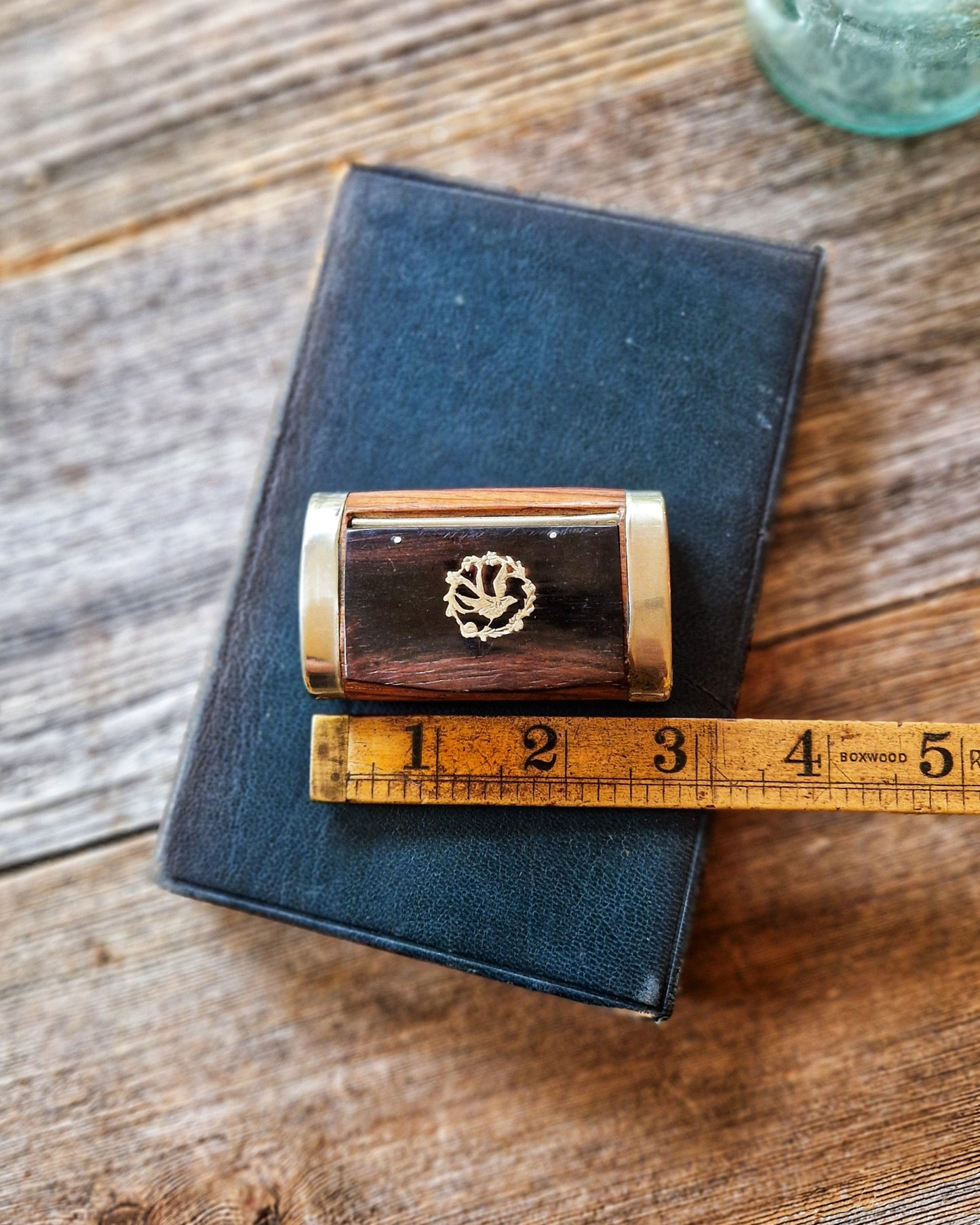 Antique Wooden Snuff Box with Inlaid Bird Motif and Metal End Caps | English Tobacciana