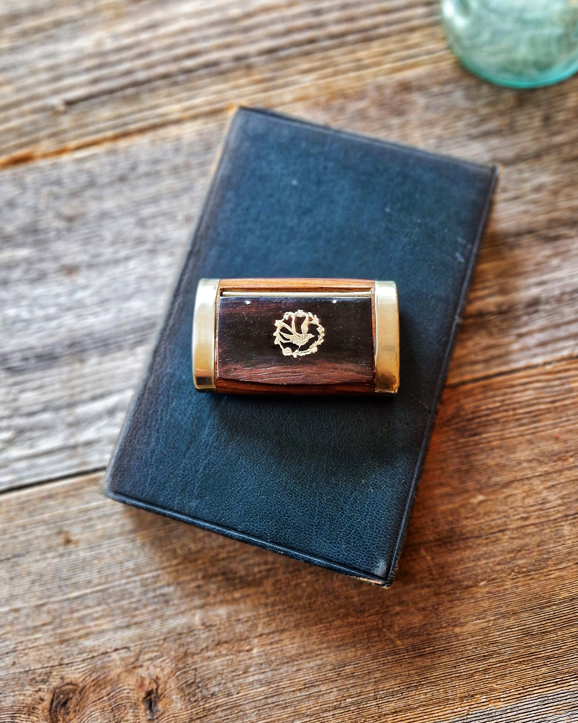 Antique Wooden Snuff Box with Inlaid Bird Motif and Metal End Caps | English Tobacciana