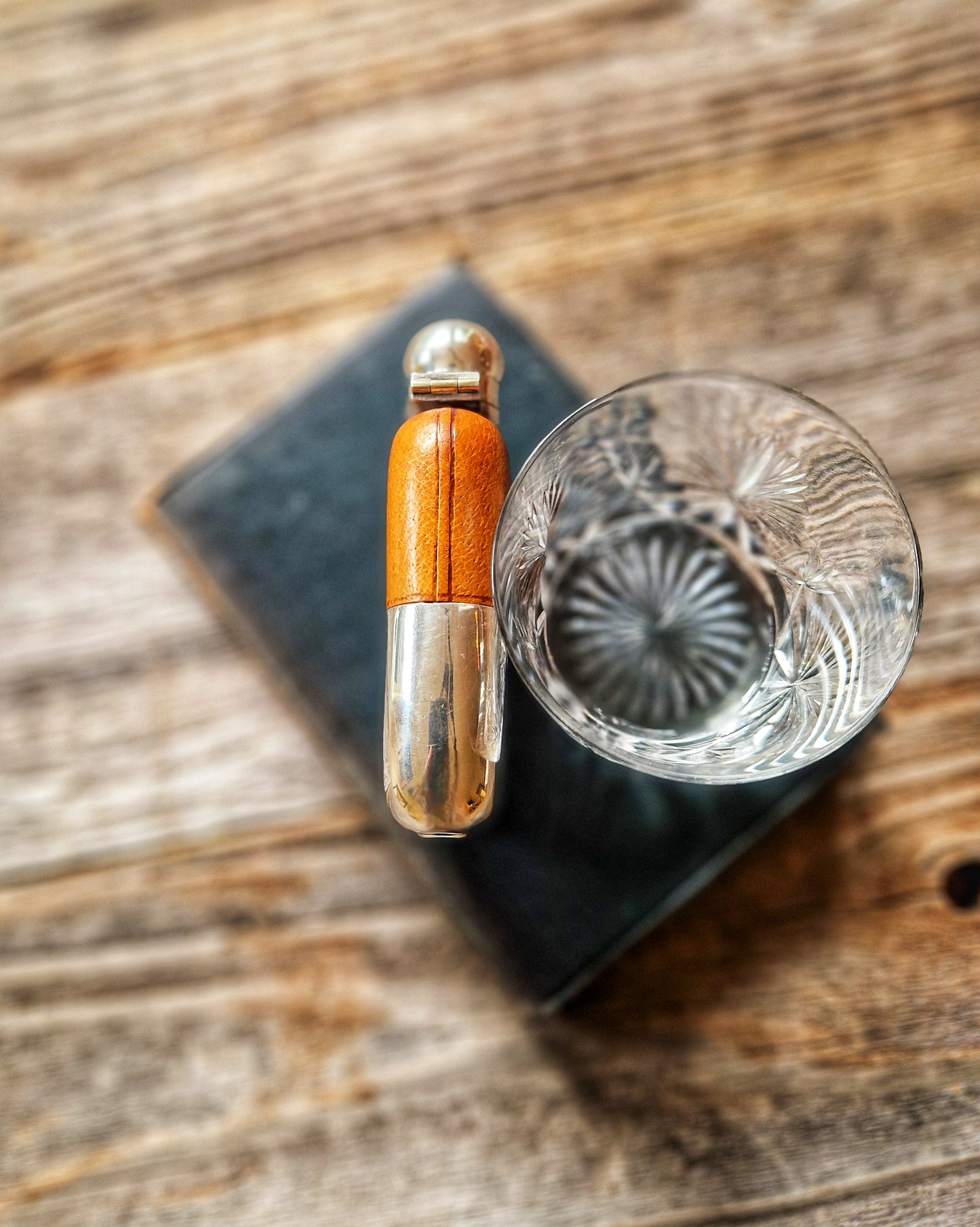 English Silver Plate & Leather Hip Flask by James Dixon | Mid-century 4-3/8 Inch Pocket Flask, Model 581A