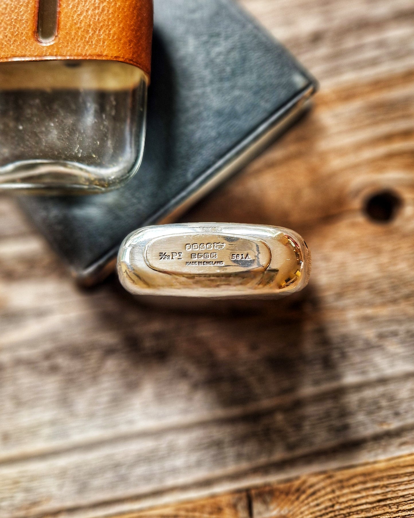 English Silver Plate & Leather Hip Flask by James Dixon | Mid-century 4-3/8 Inch Pocket Flask, Model 581A