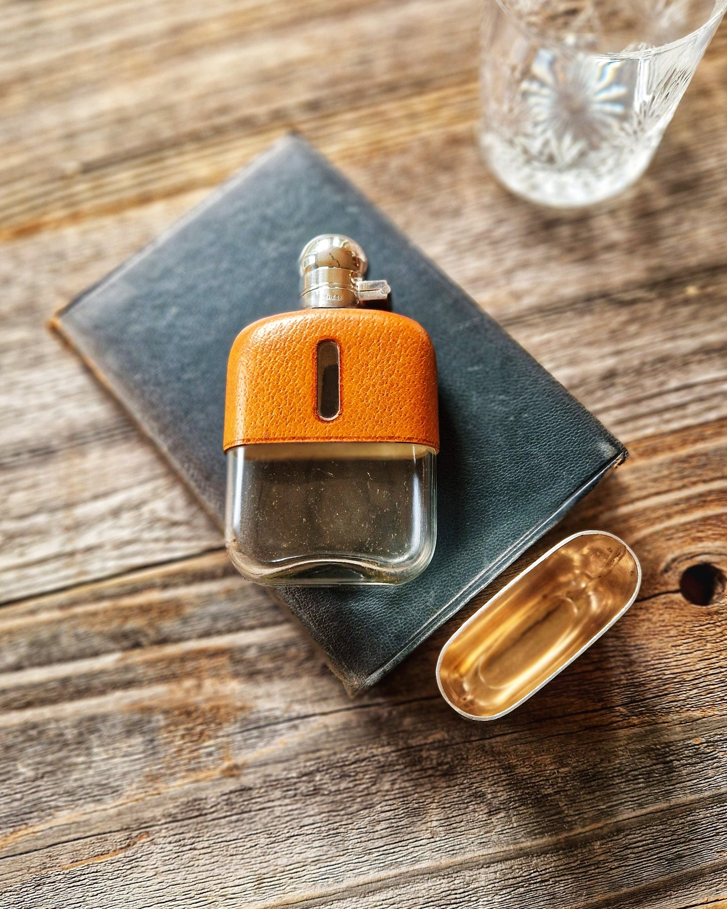 English Silver Plate & Leather Hip Flask by James Dixon | Mid-century 4-3/8 Inch Pocket Flask, Model 581A