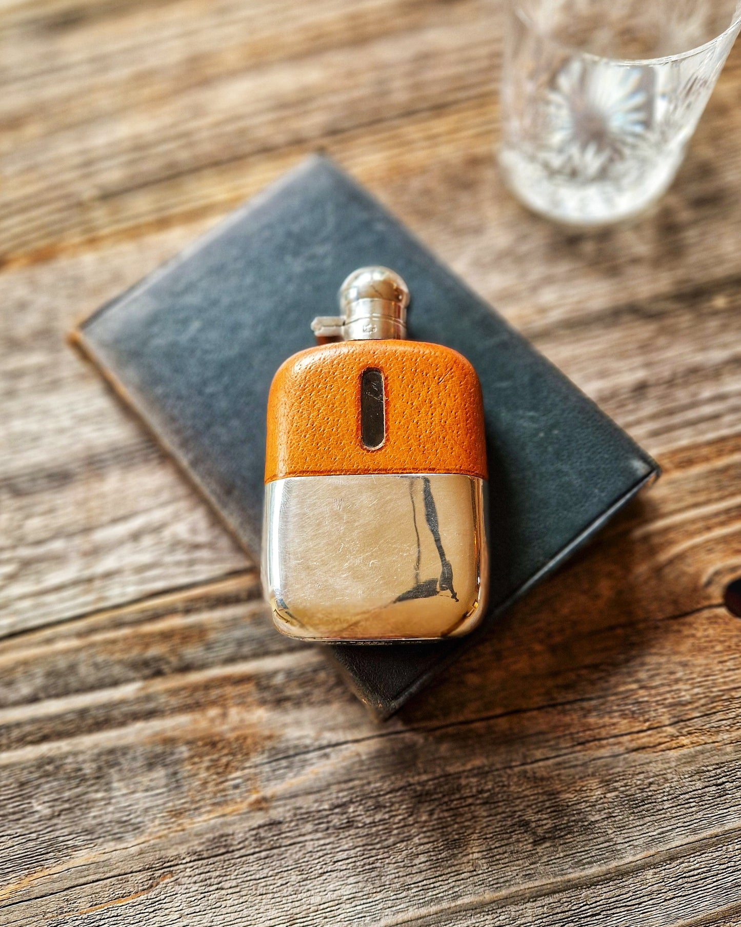 English Silver Plate & Leather Hip Flask by James Dixon | Mid-century 4-3/8 Inch Pocket Flask, Model 581A